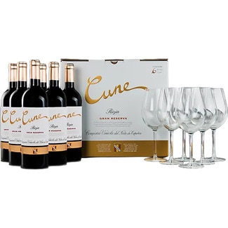vino tinto gran reserva DOCa Rioja caja 6 botellas 75 cl con regalo de 6 copas - Cune