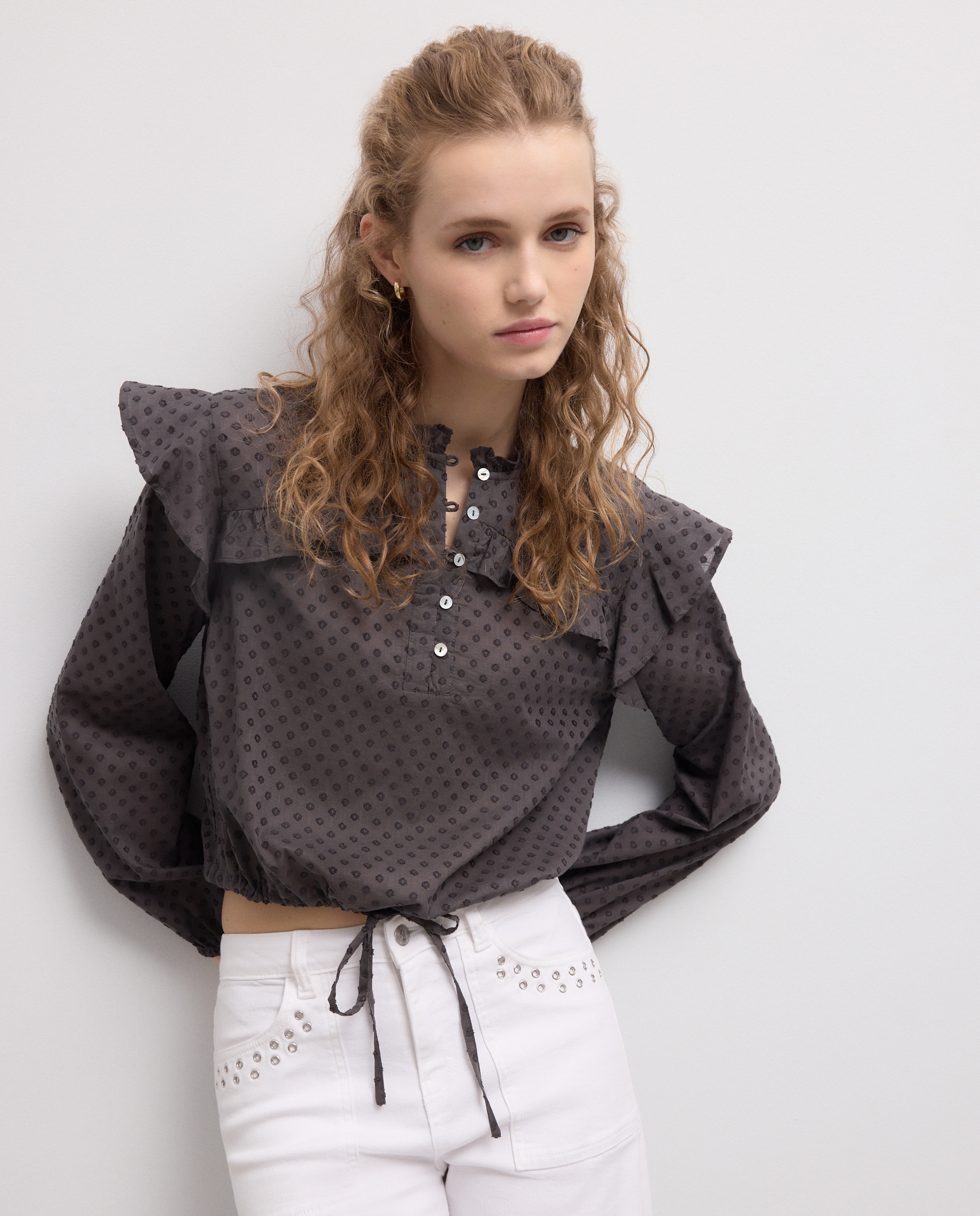 Blusa de Manga Comprida com Plumetti Cinzento-1