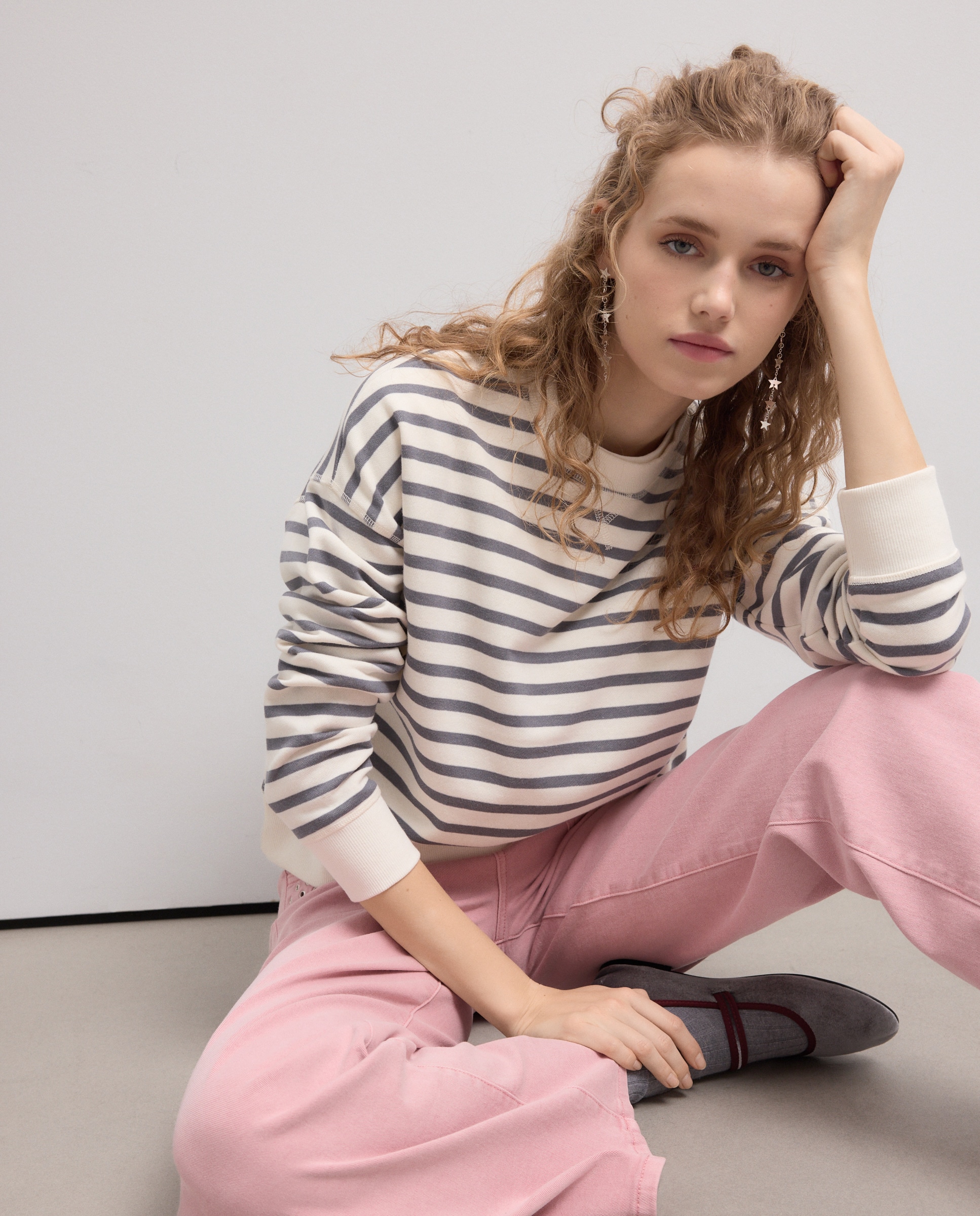 Sweatshirt de Manga Comprida com Risca Tecida Azul-1
