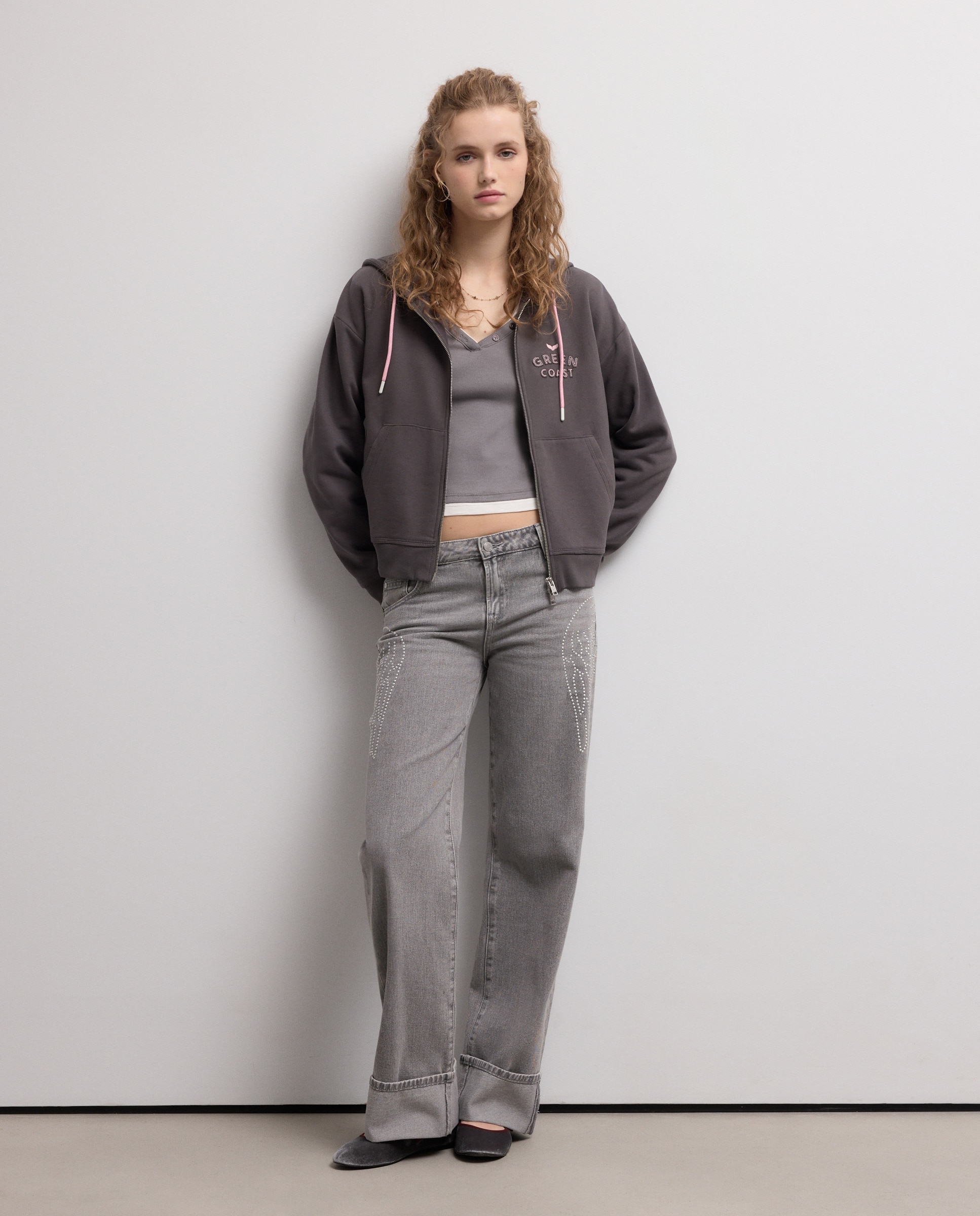 Sweatshirt com Capuz Aberto Hoodie 820 Cinzento Médio-4