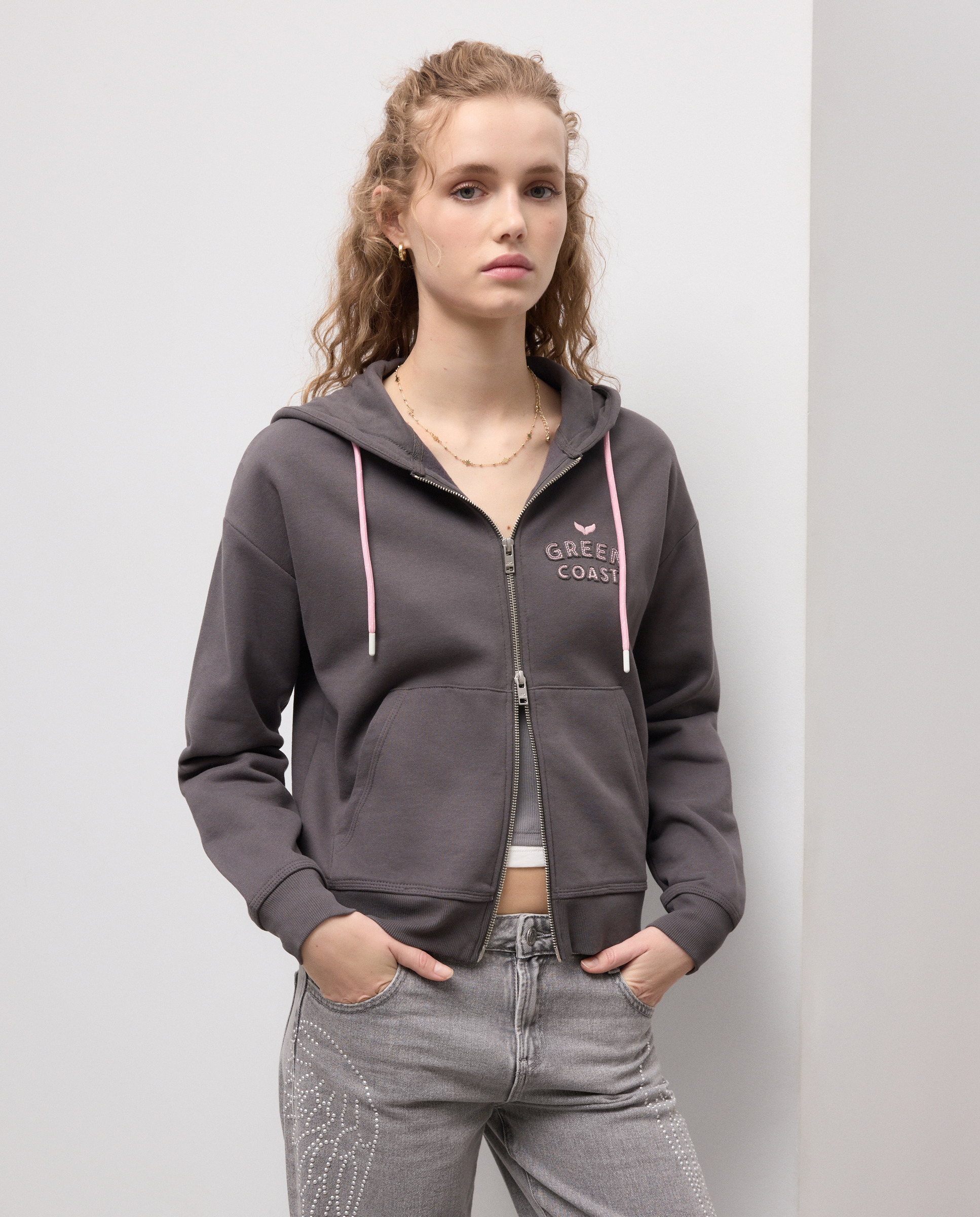 Sweatshirt com Capuz Aberto Hoodie 820 Cinzento Médio-1