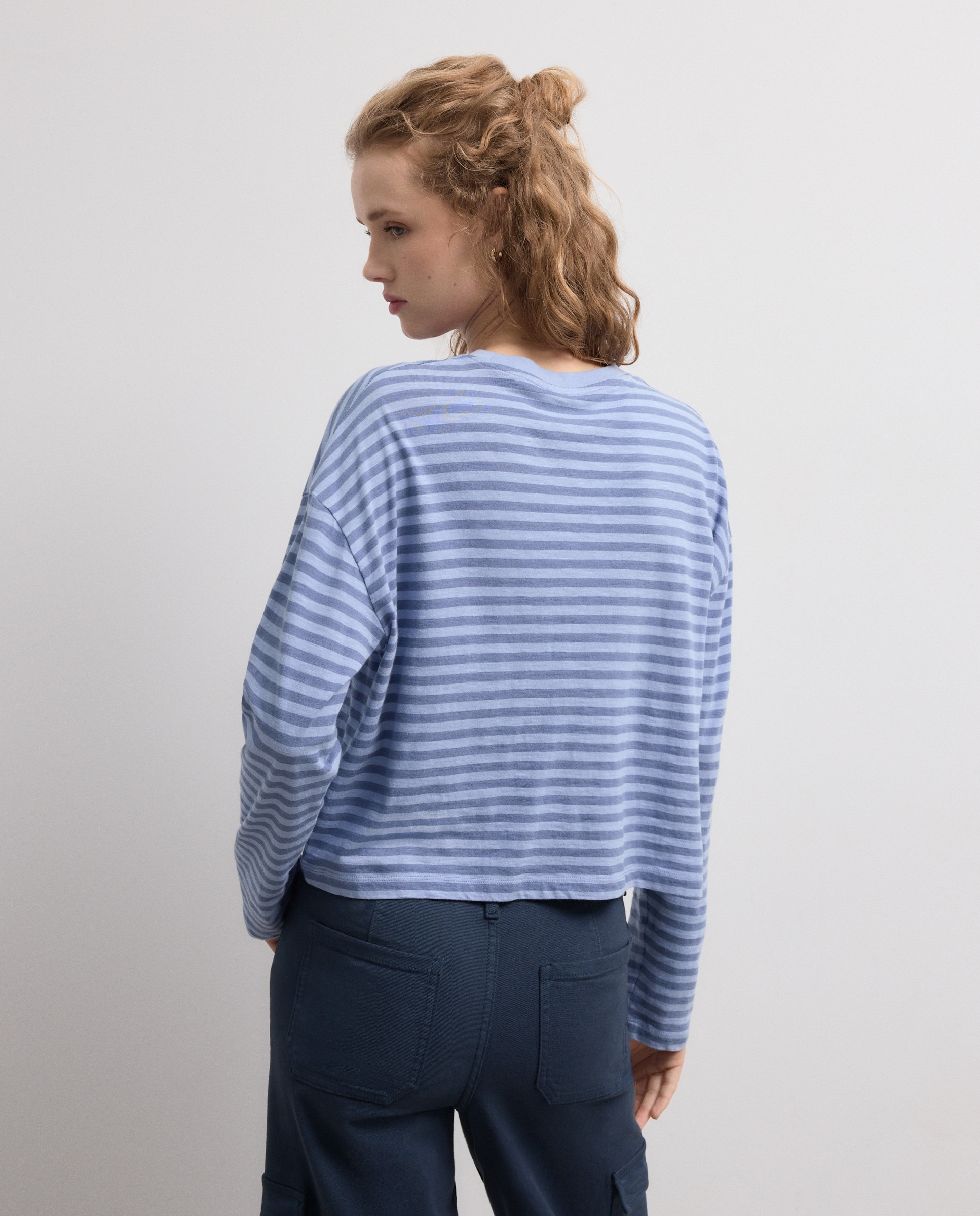 Camisola de Manga Comprida e Decote Redondo às Riscas Azul-4