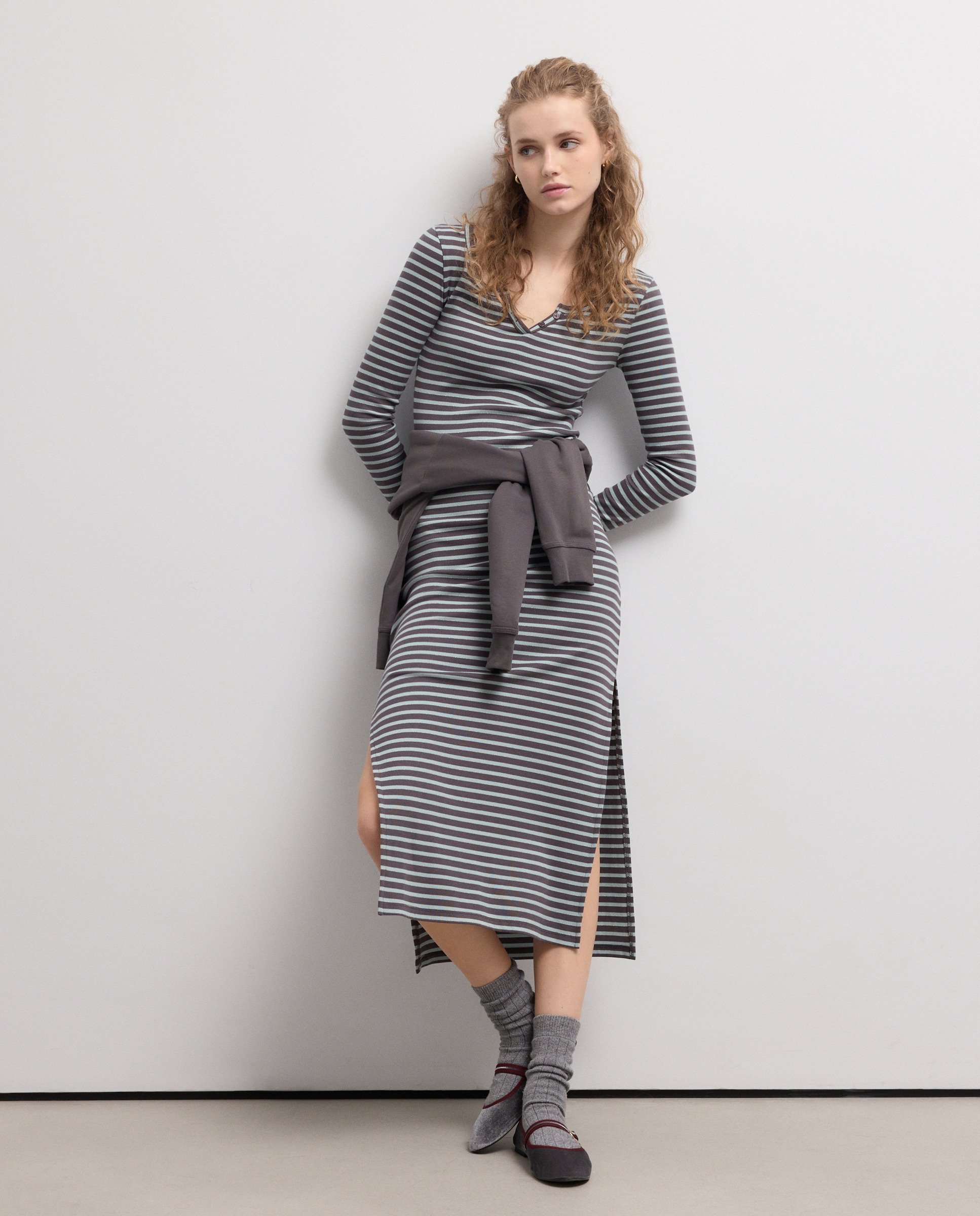 Vestido de Manga Comprida e Decote em Bico às Riscas Caneladas de Fio Metalizado Verde-1