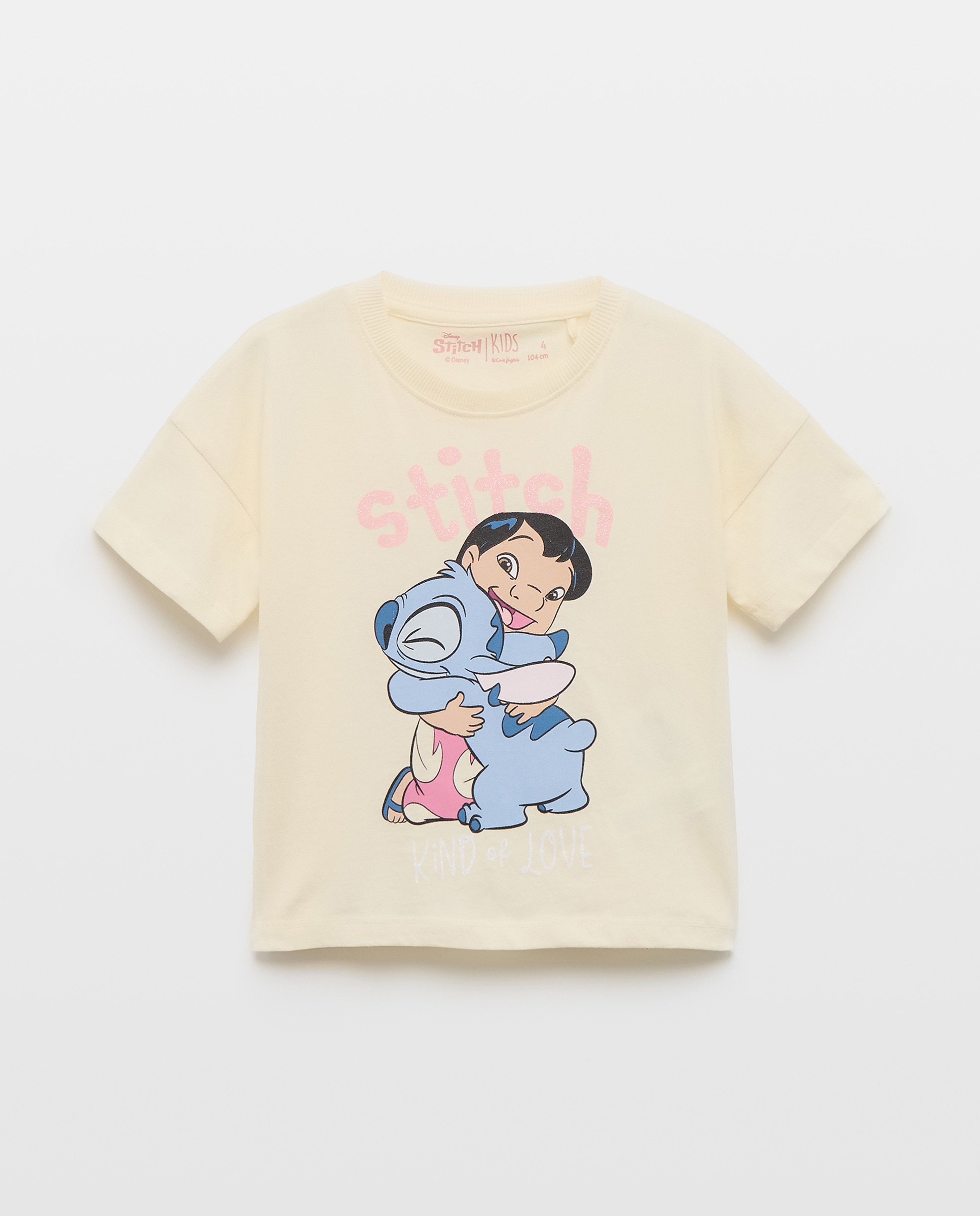 T-shirt de Manga Curta com Estampado Posicional Lilo e Stitch em Glitter 150 Baunilha-4