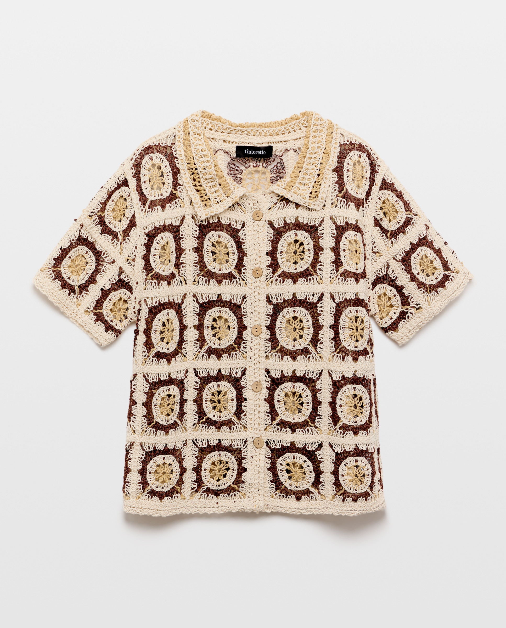 Camisola de Malha de Crochet com Fantasia e Manga Curta 120 Cru-5