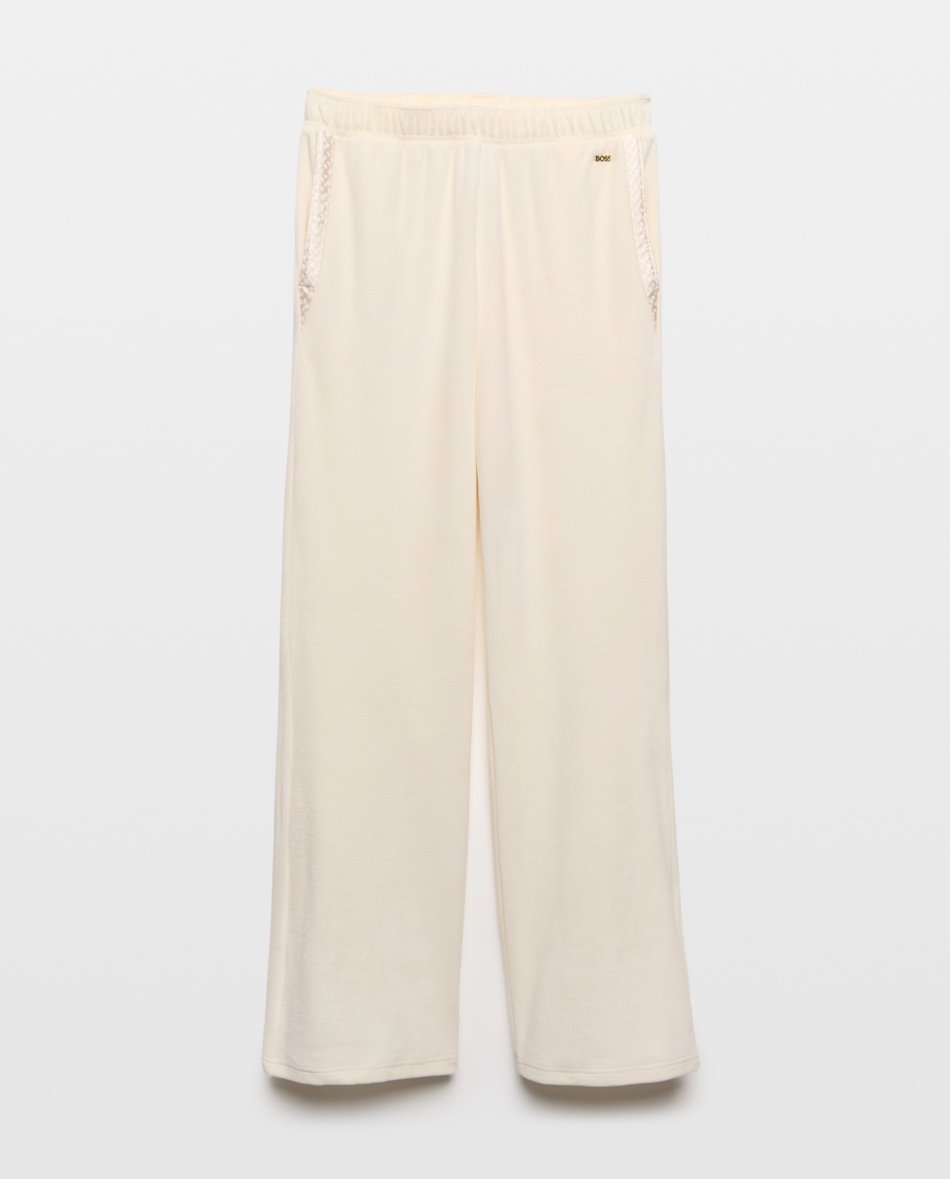 Calças em Veludo Suave com Perna Regular - Cru Bainha Elástica. Atacadores de Cetim com Monograma Brilhante. Placa Dourada. Natural-4