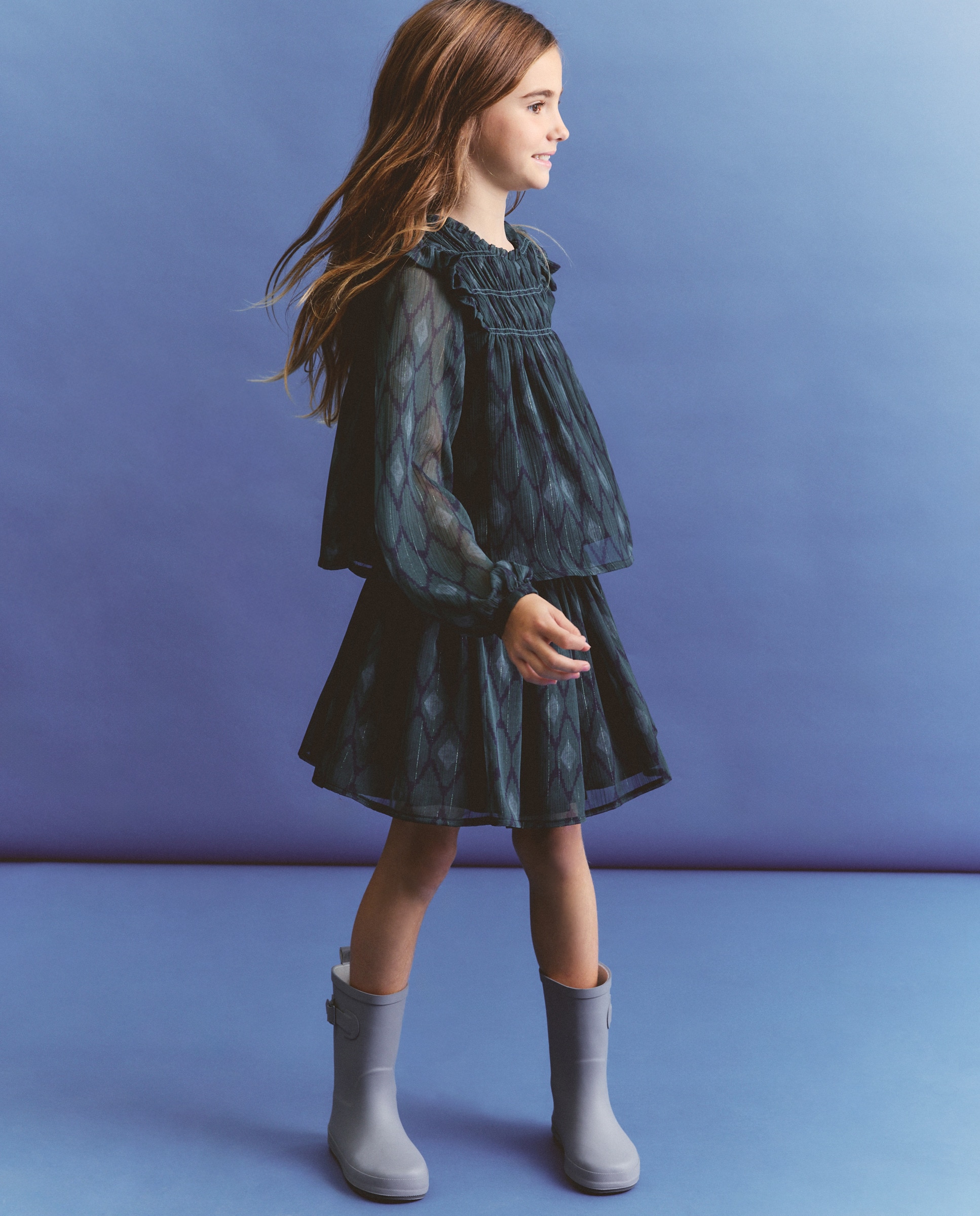 Blusa de Chiffon com Detalhe em Fio Metalizado, Franzidos e Manga Comprida Verde-1