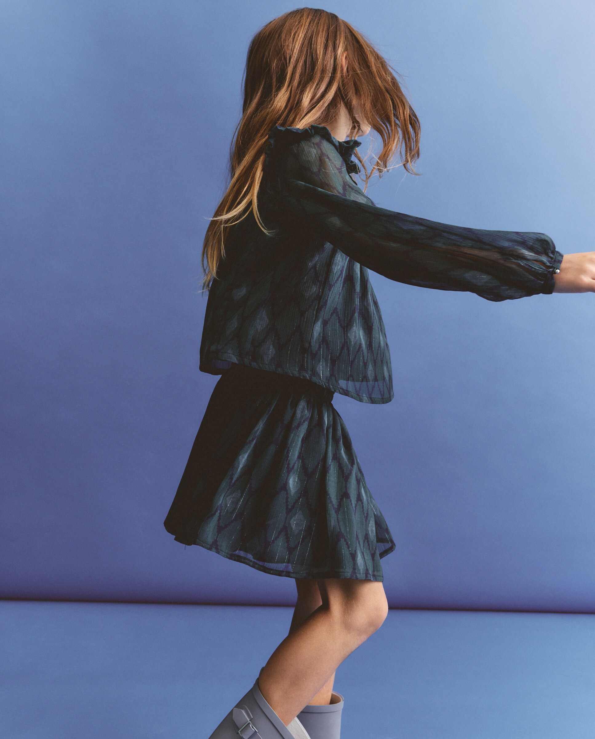 Blusa de Chiffon com Detalhe em Fio Metalizado, Franzidos e Manga Comprida Vermelho-1