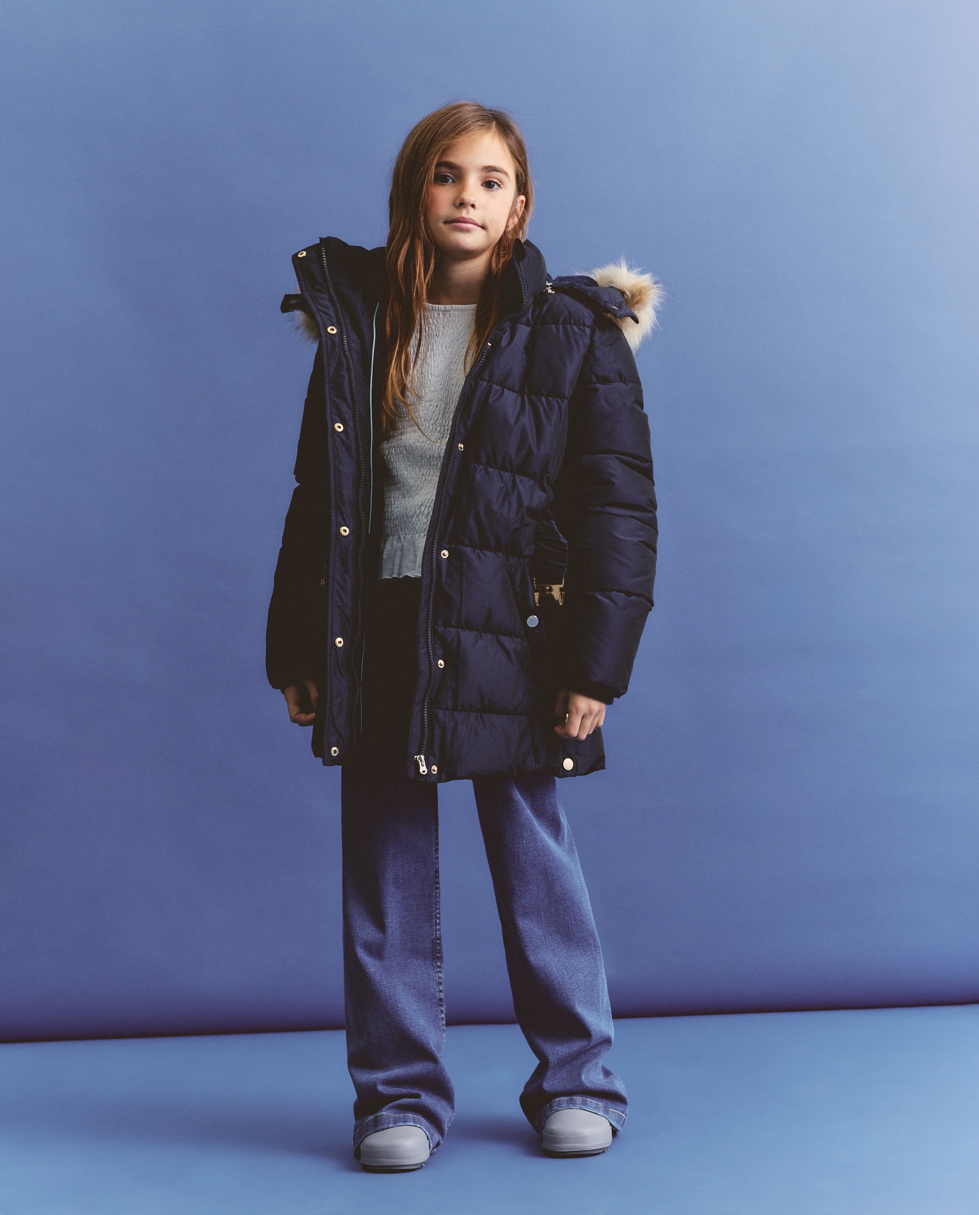 Blusão Acolchoado com Capuz Desmontável e Cinto Azul-marinho-1