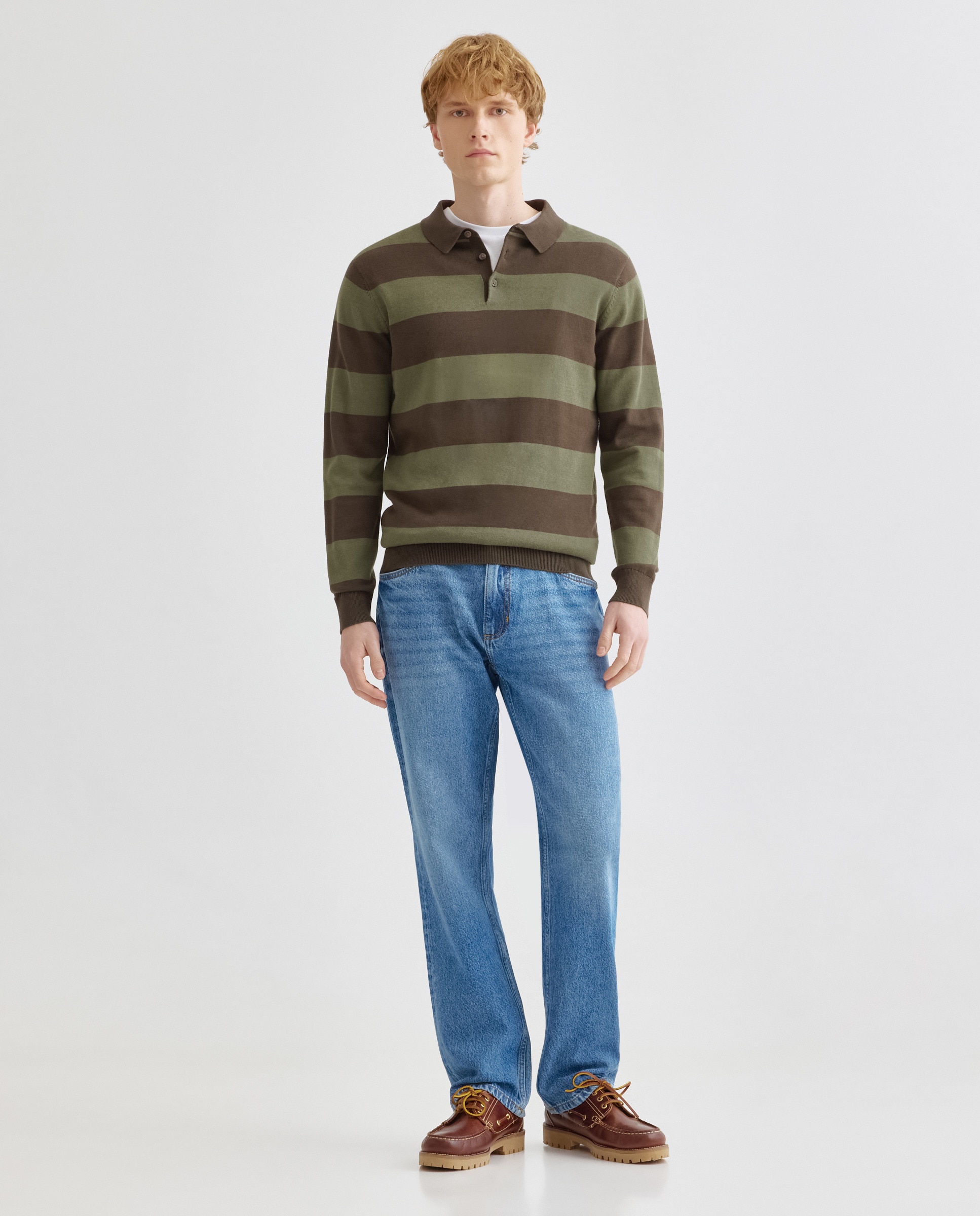 Jersey de hombre cuello polo rayas algodón Beige-2