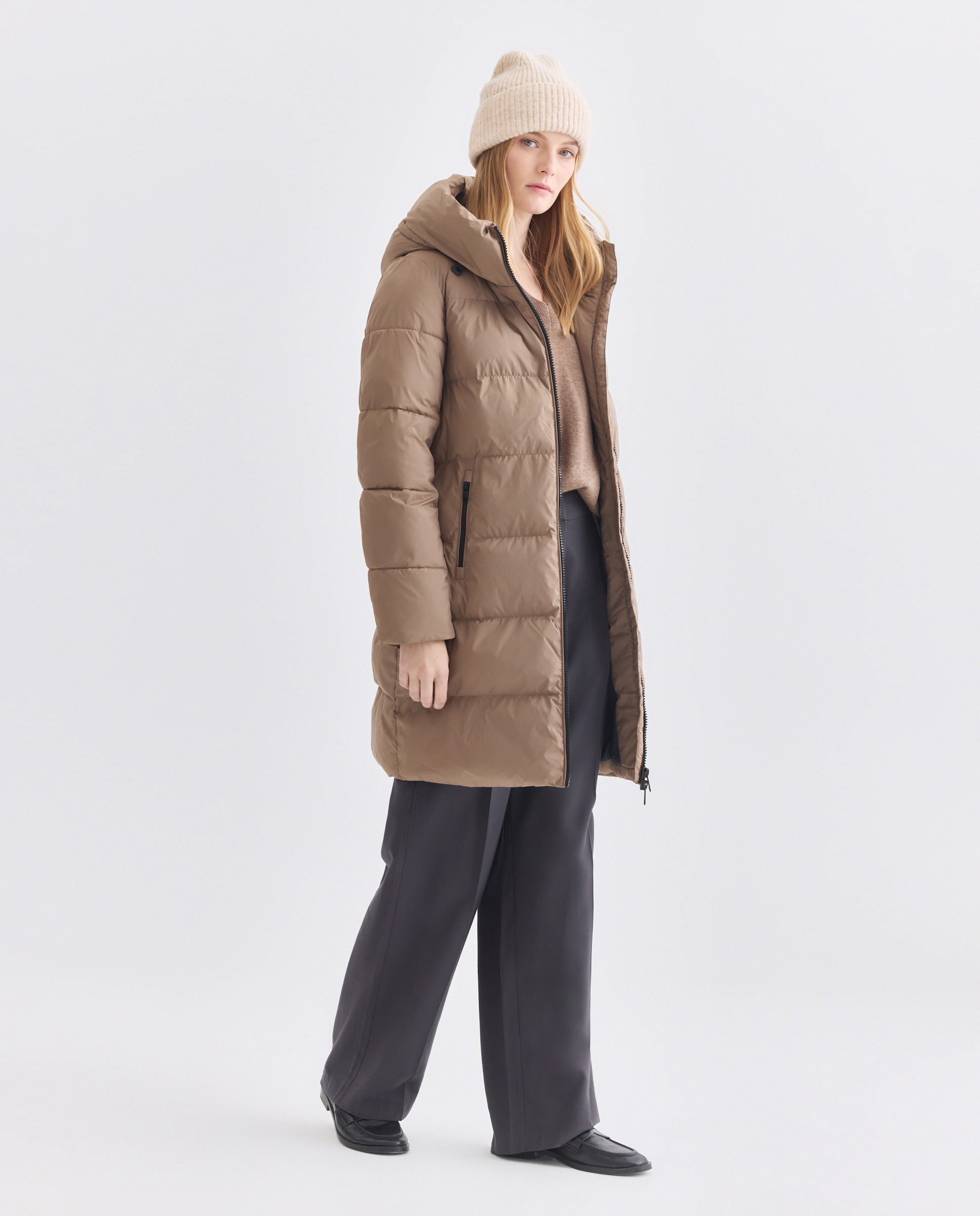 Sobretudo Acolchoado com Fecho de Correr, Capuz e Bolsos Laterais Castanho-claro-2