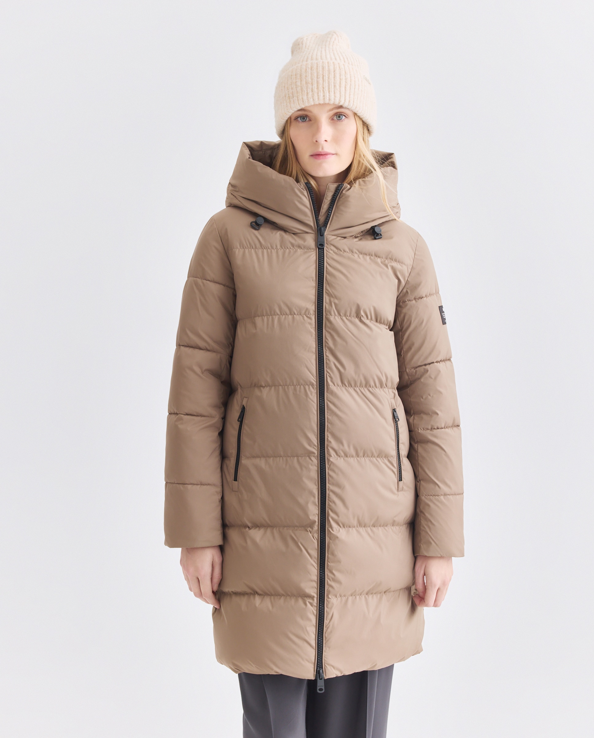 Sobretudo Acolchoado com Fecho de Correr, Capuz e Bolsos Laterais Castanho-claro-1