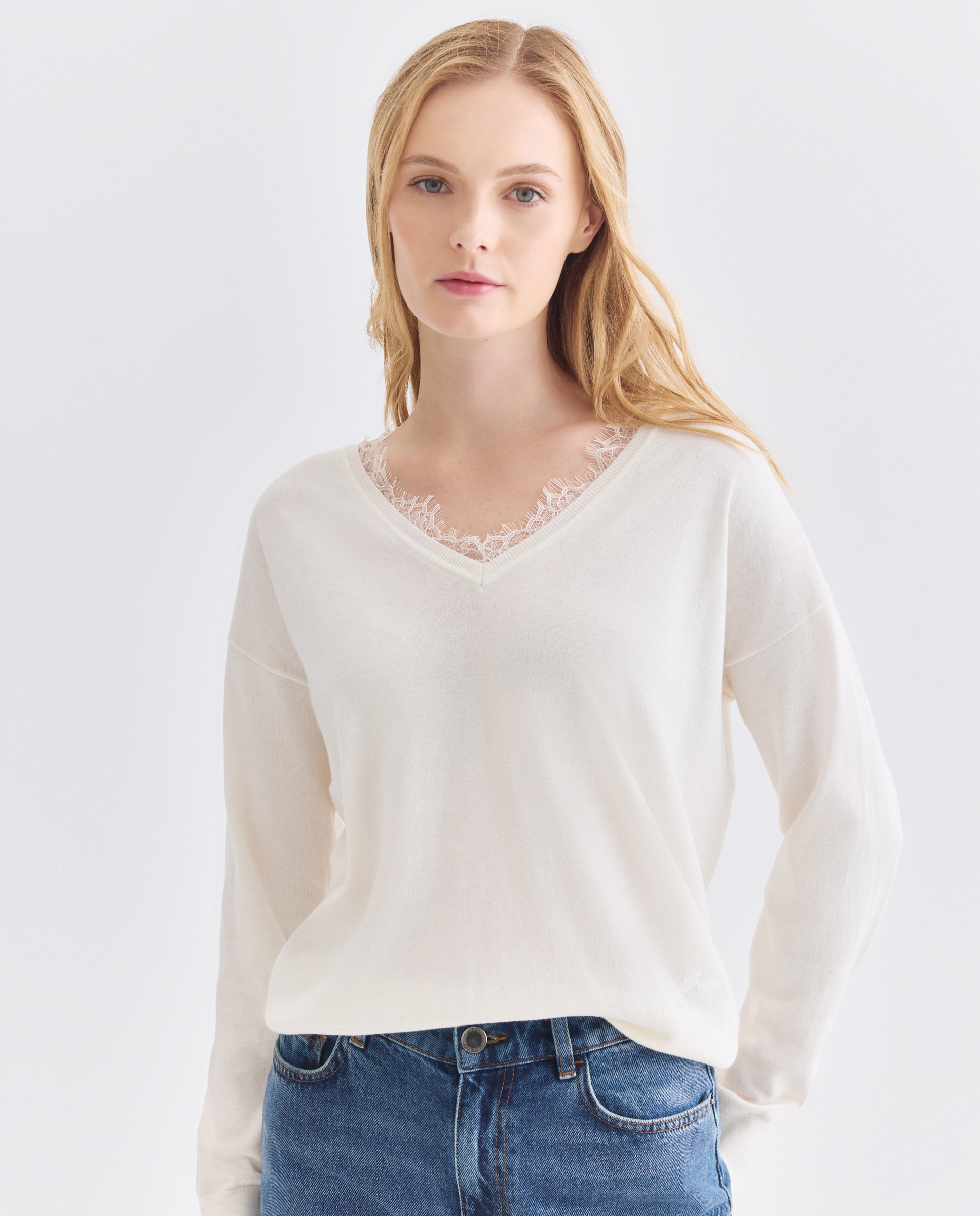 Camisola de Malha de Lã Virgem e Algodão com Manga Comprida Branco-1