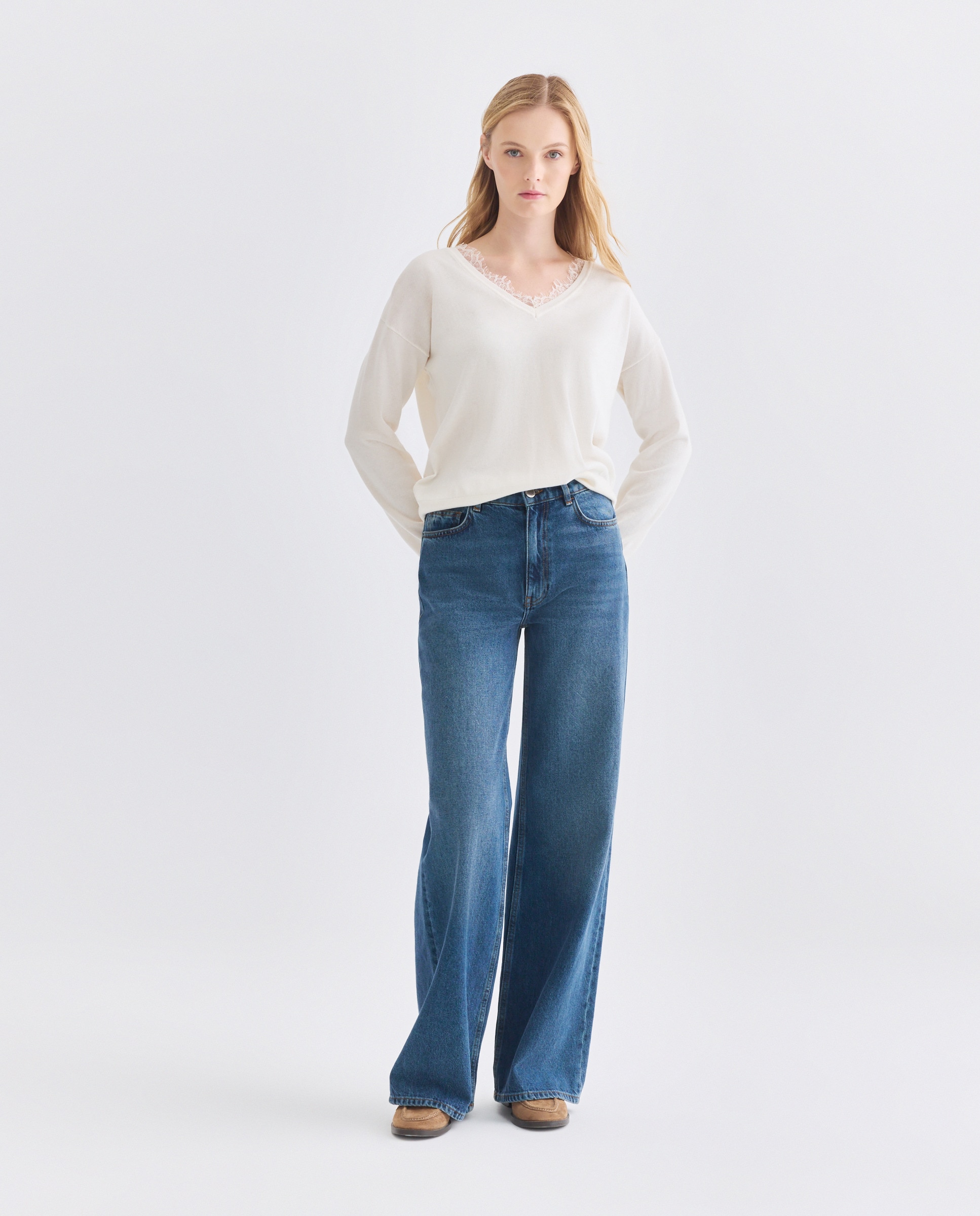 Camisola de Malha de Lã Virgem e Algodão com Manga Comprida Branco-2