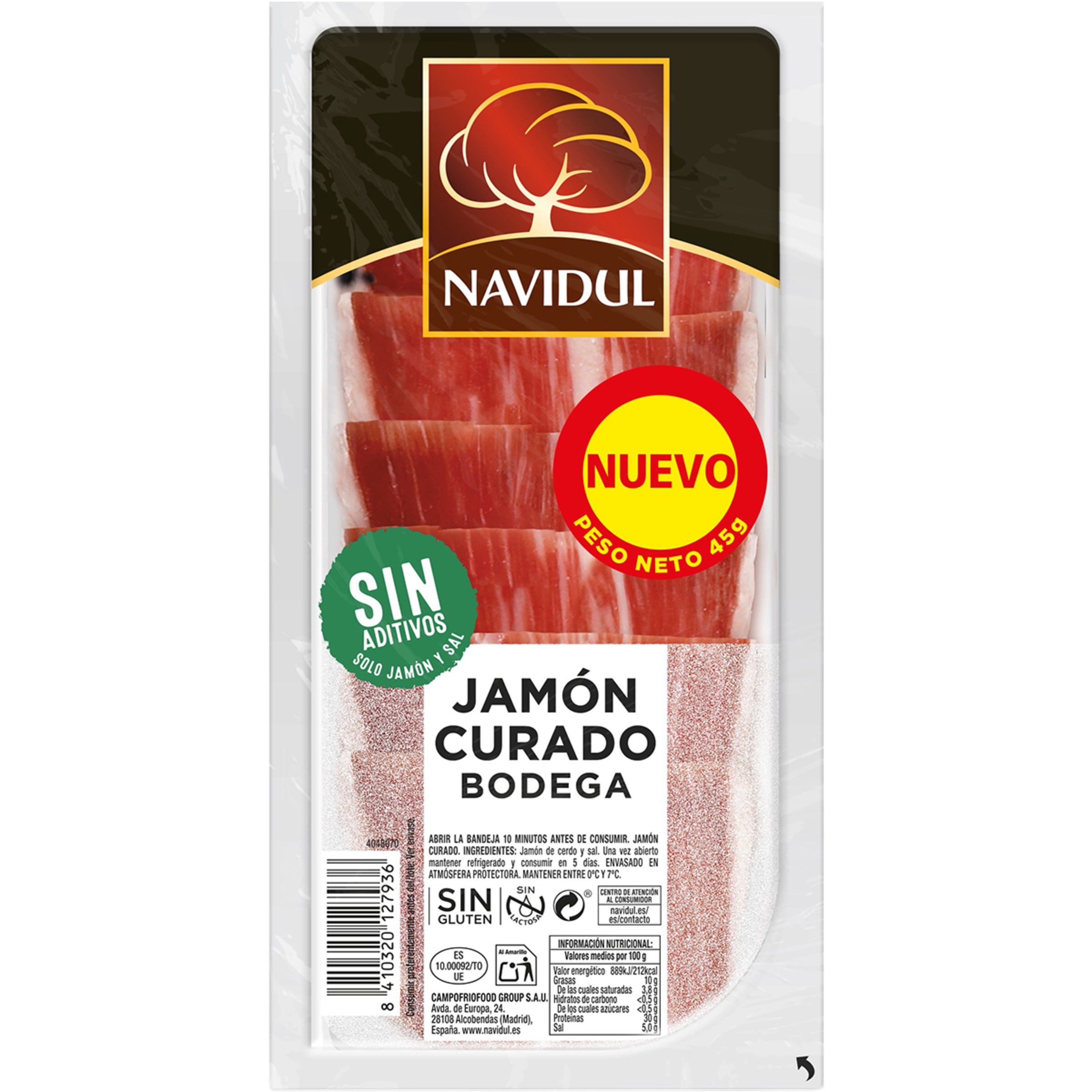 jamón curado clásico en medias lonchas sin gluten sin lactosa envase 45 g
