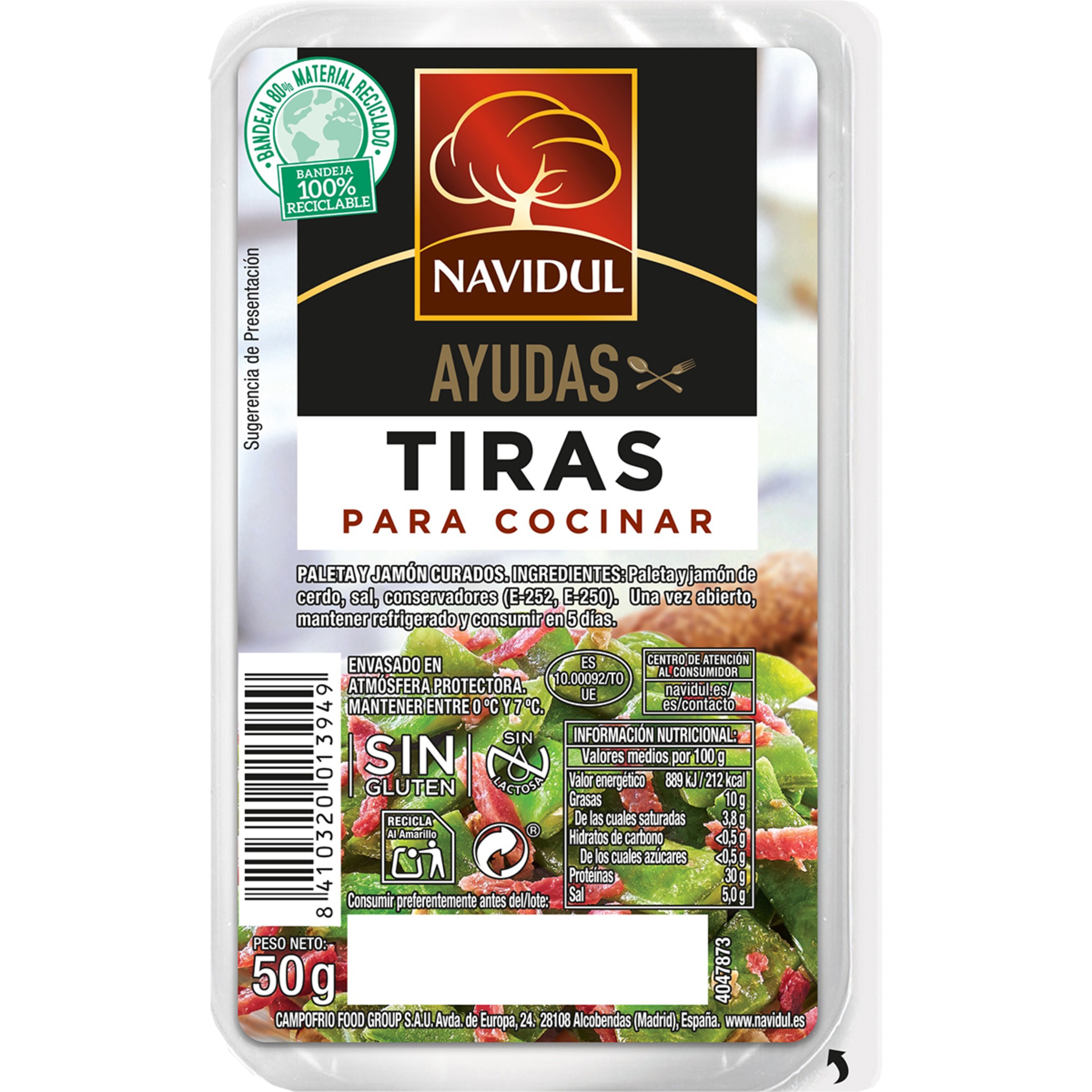 tiras de paleta y jamón curado sin gluten sin lactosa envase 50 g