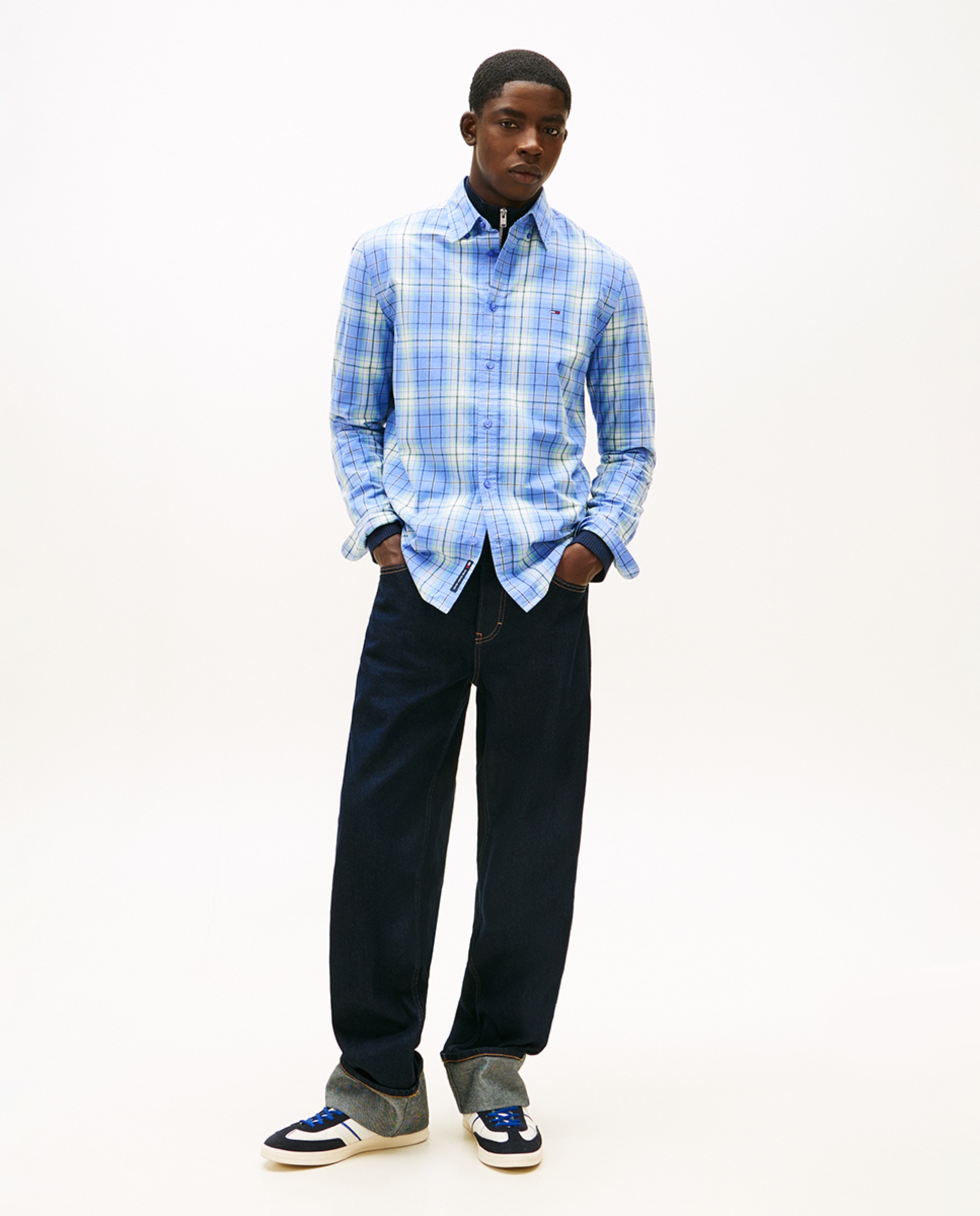 Camisa Regular Fit de Popelina aos Quadrados Azul-5