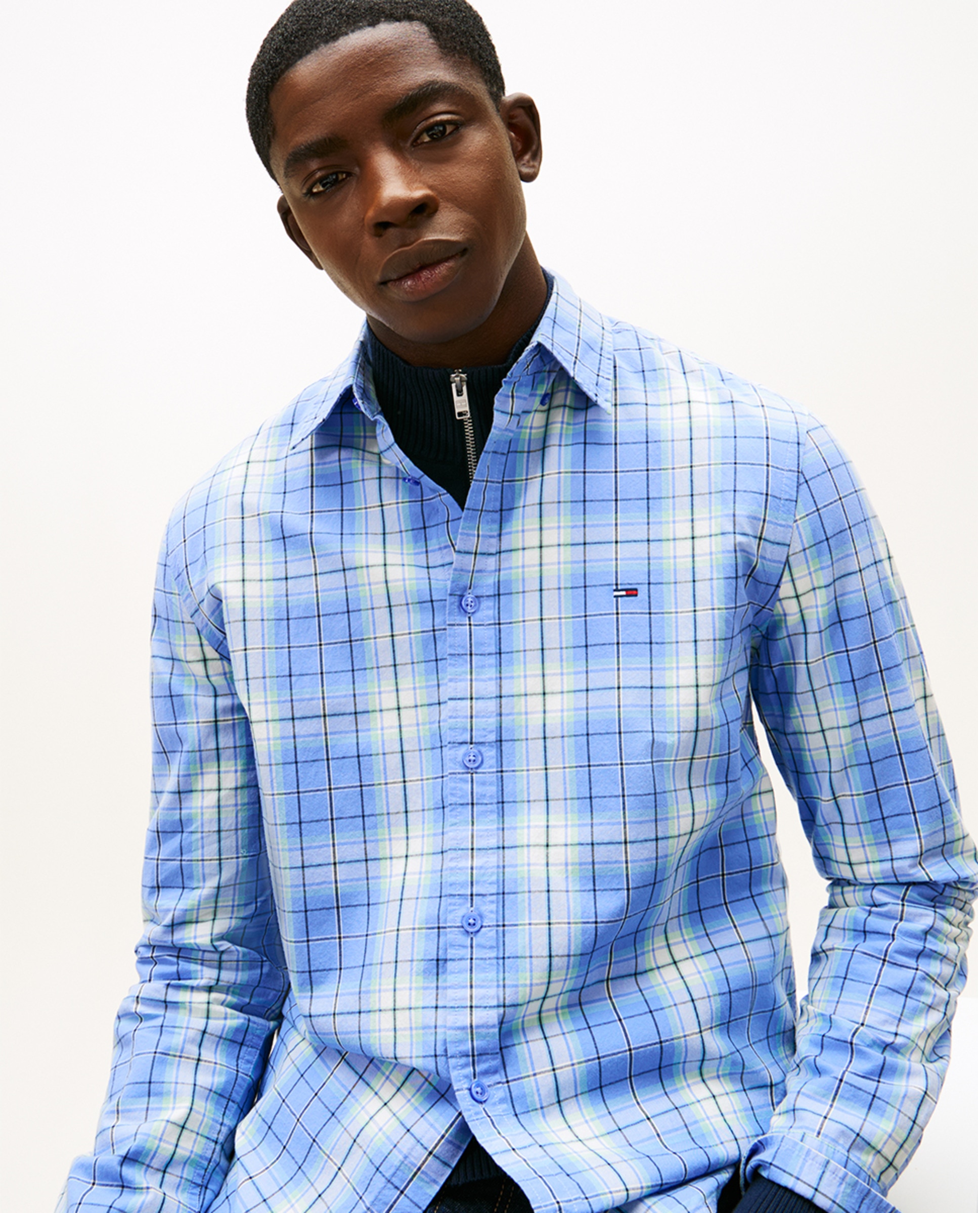 Camisa Regular Fit de Popelina aos Quadrados Azul-3