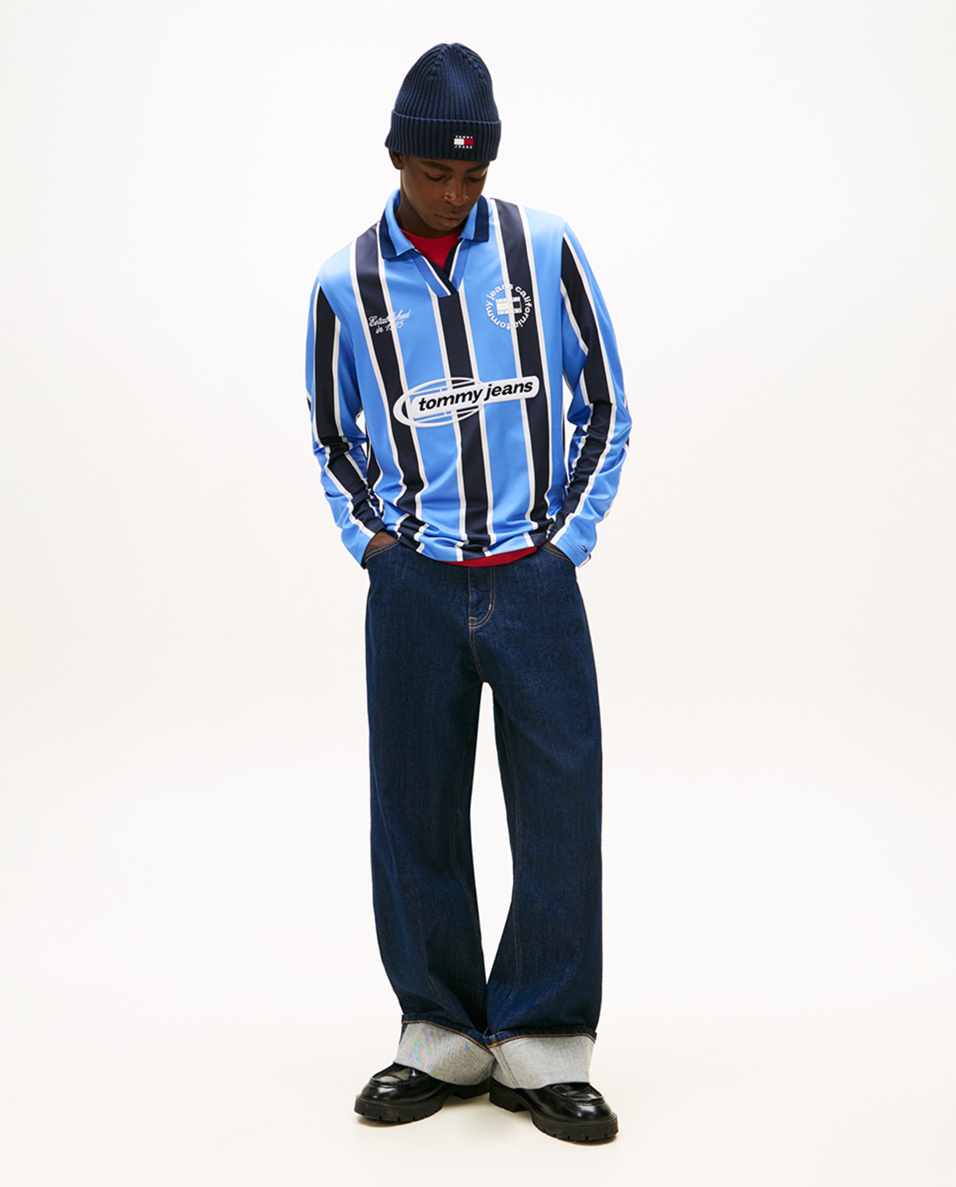 Polo às Riscas Regular Fit de Manga Comprida Azul-5