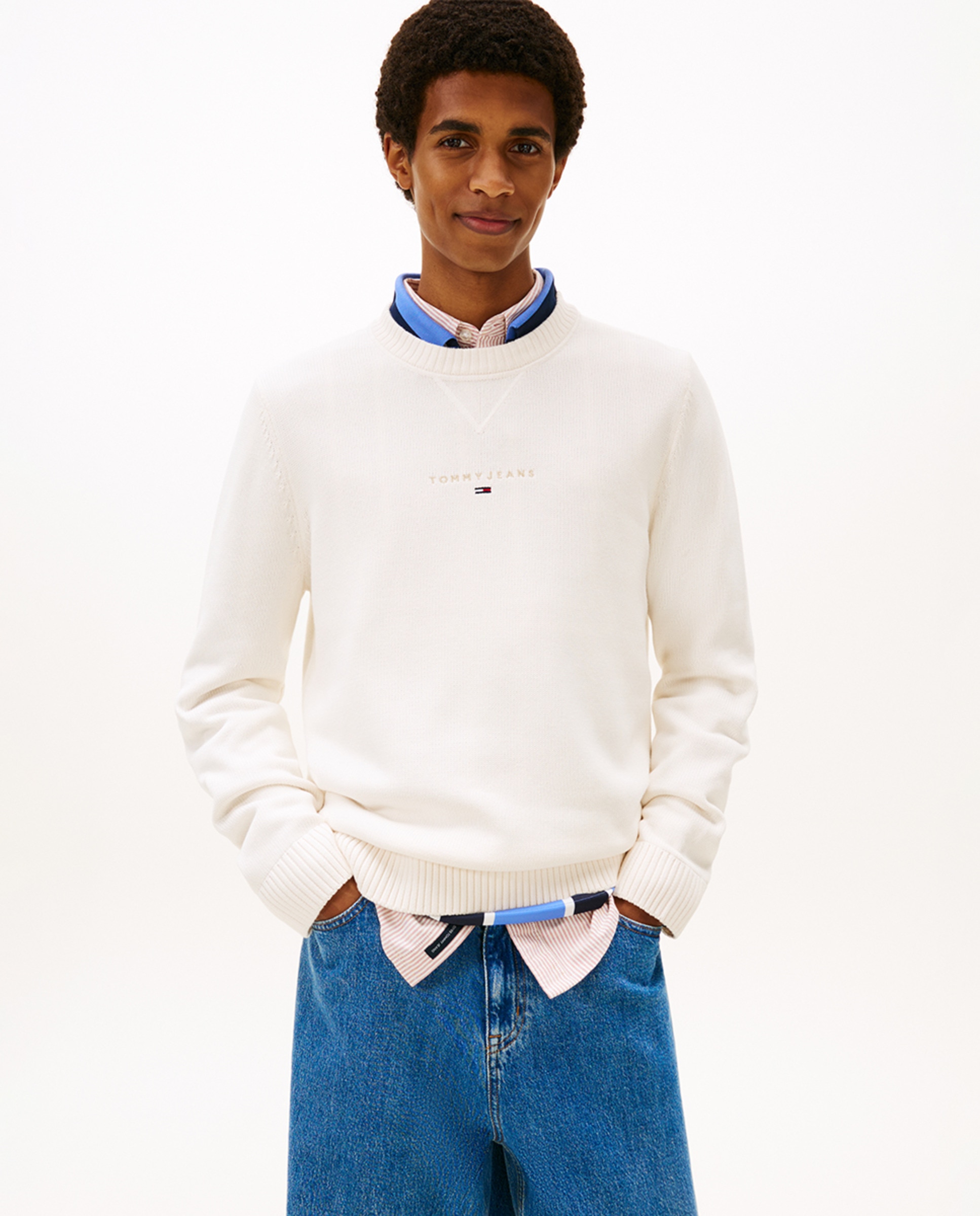 Camisola de Malha Slim Fit com Gola Redonda Cru-1