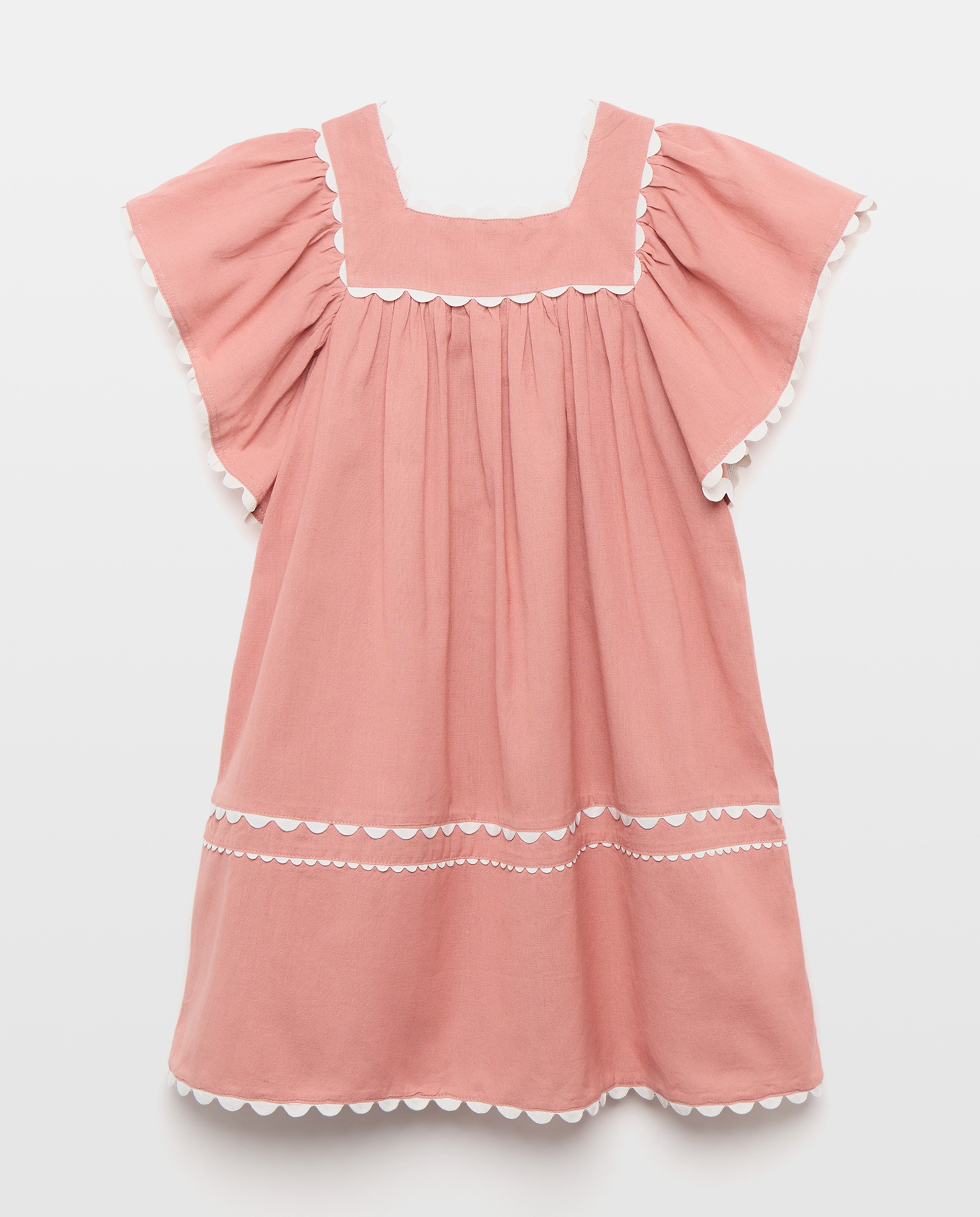Vestido niña de lino con cinta zigzag 230 Rosa oscuro-1