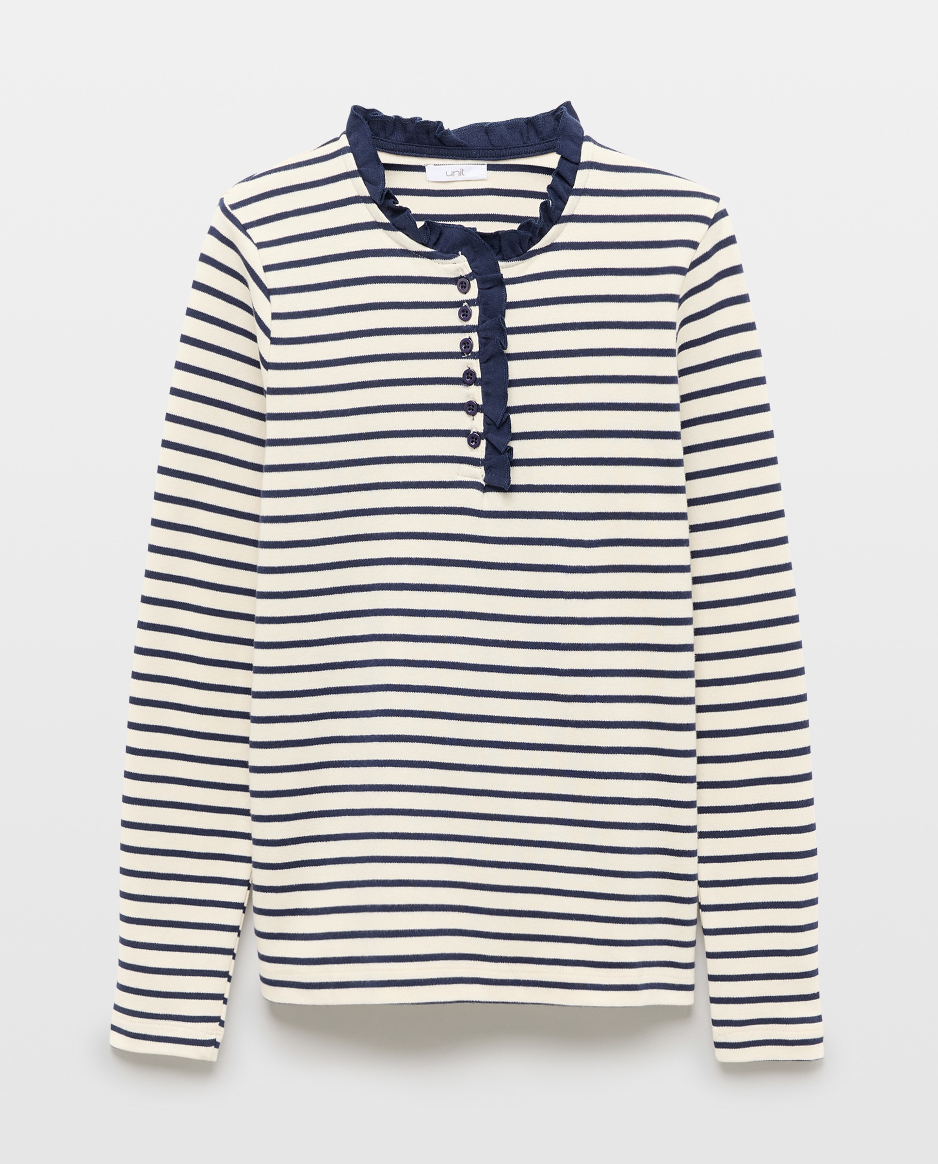 Camiseta de mujer cuello caja con volantes Azul-4