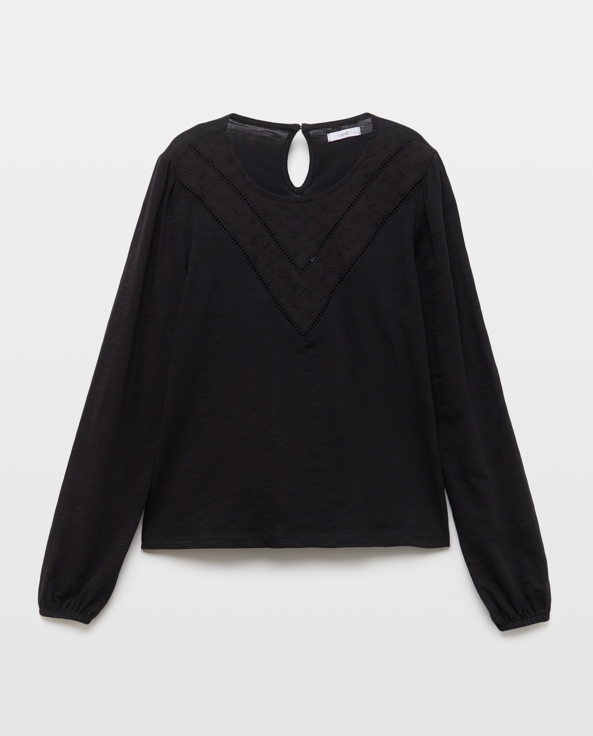 Camiseta de mujer cuello caja canesú bordado Negro-4