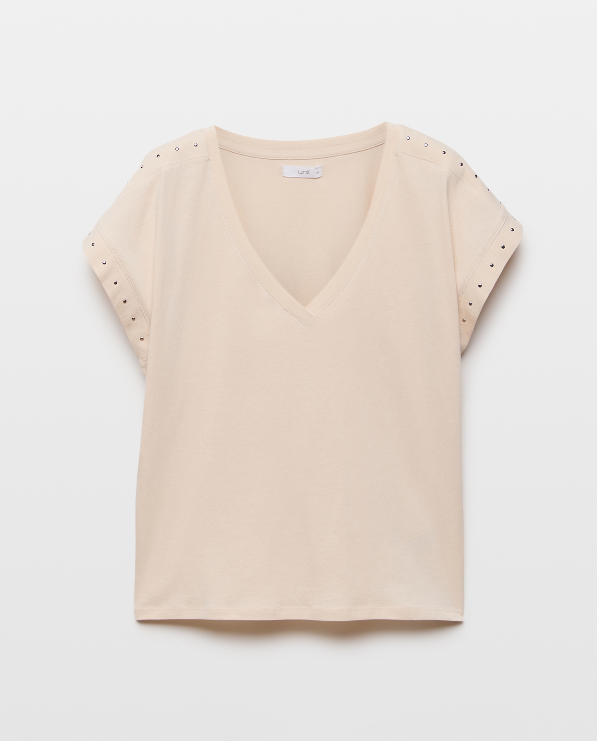 Camiseta de mujer cuello pico con tachuelas Beige-4