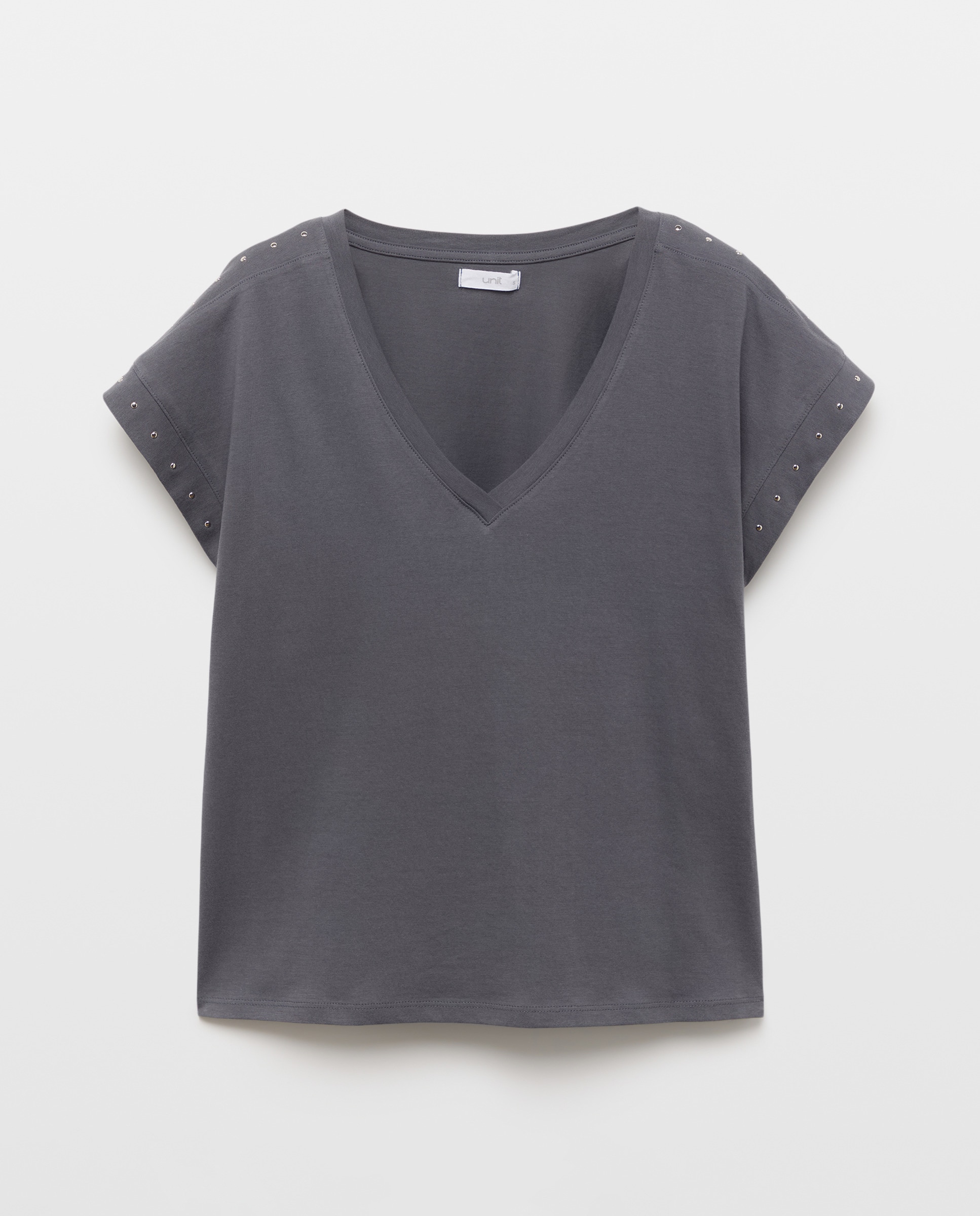 Camiseta de mujer cuello pico con tachuelas Plomo-4