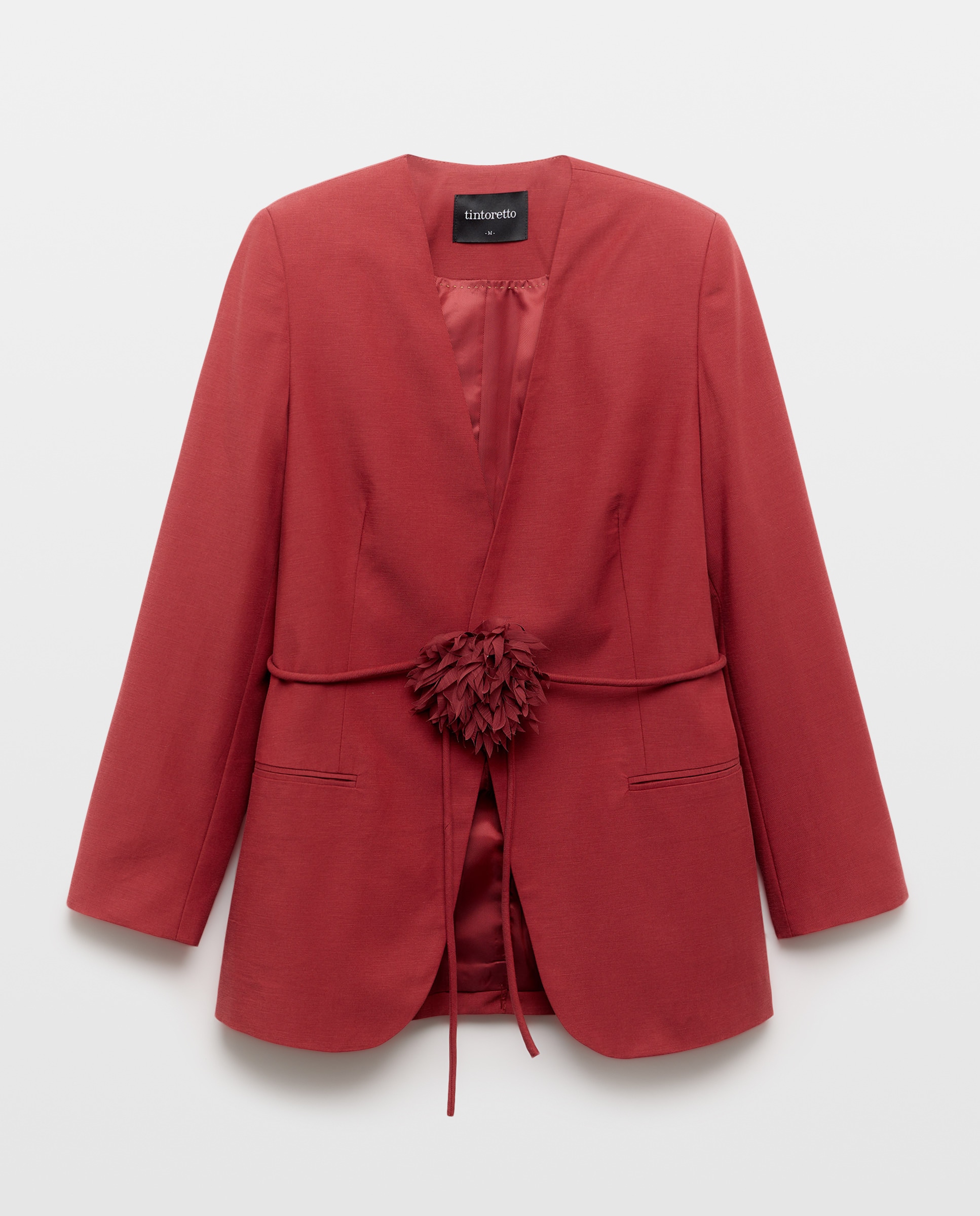 Blazer sem Lapela com Cinto Floral Ameixa-5