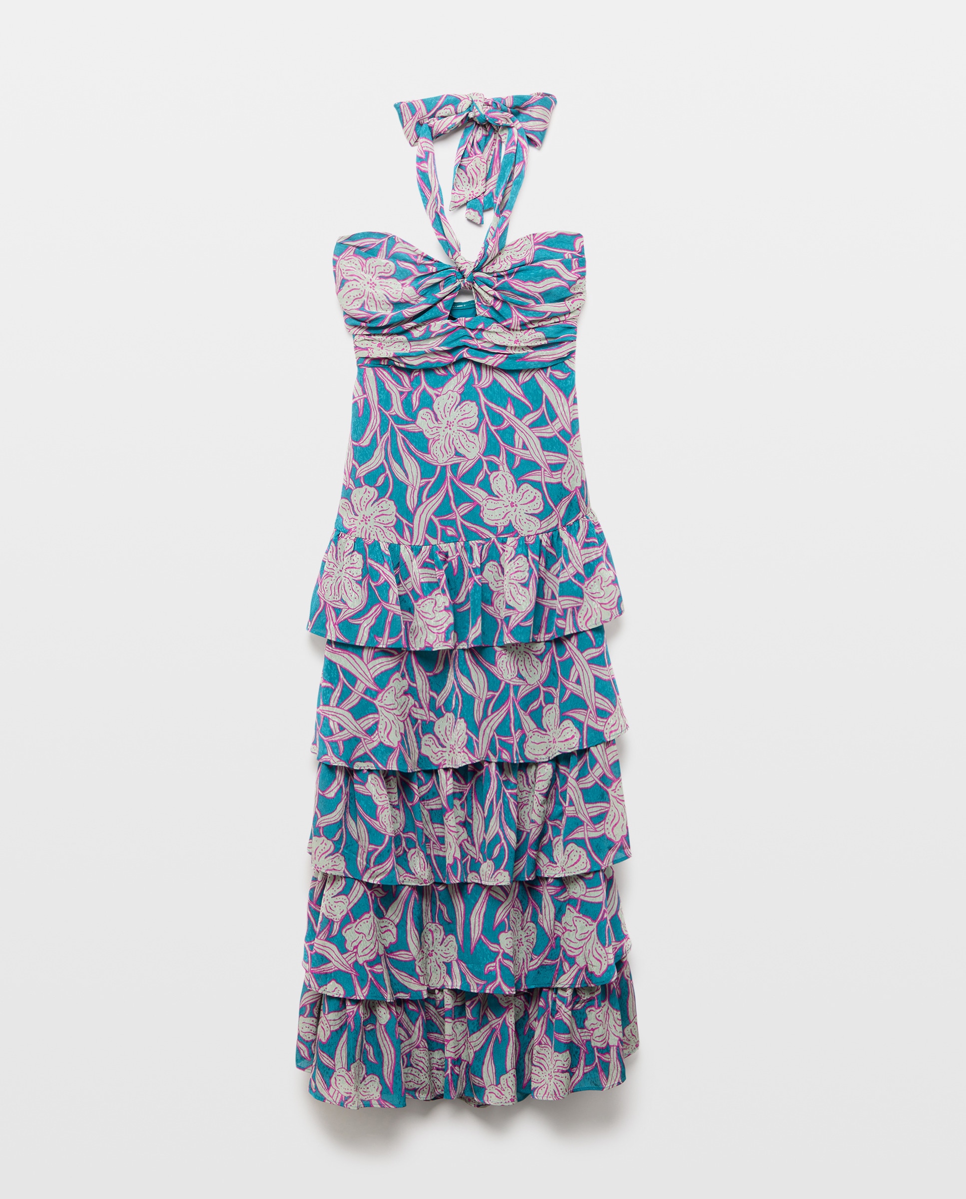 Vestido com Gola Halter e Folhos Verde-5