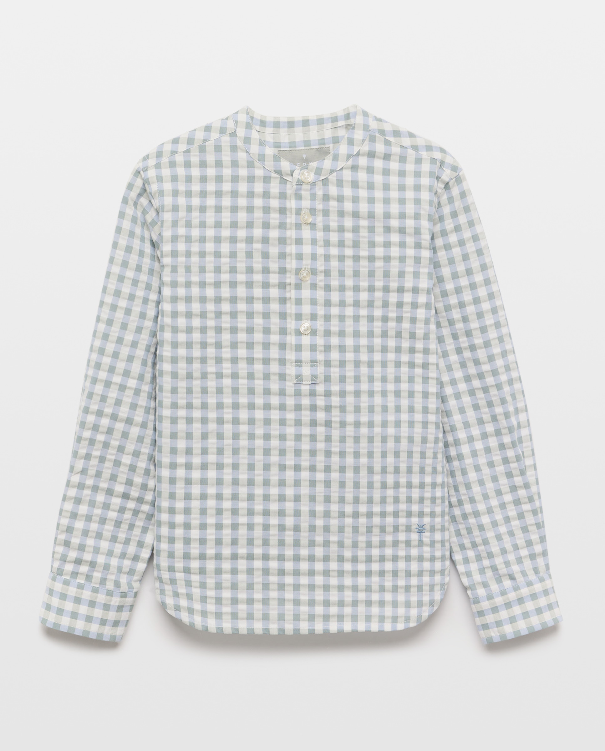 Camisa de Manga Comprida com Gola à Padre e Vichy Azul-4