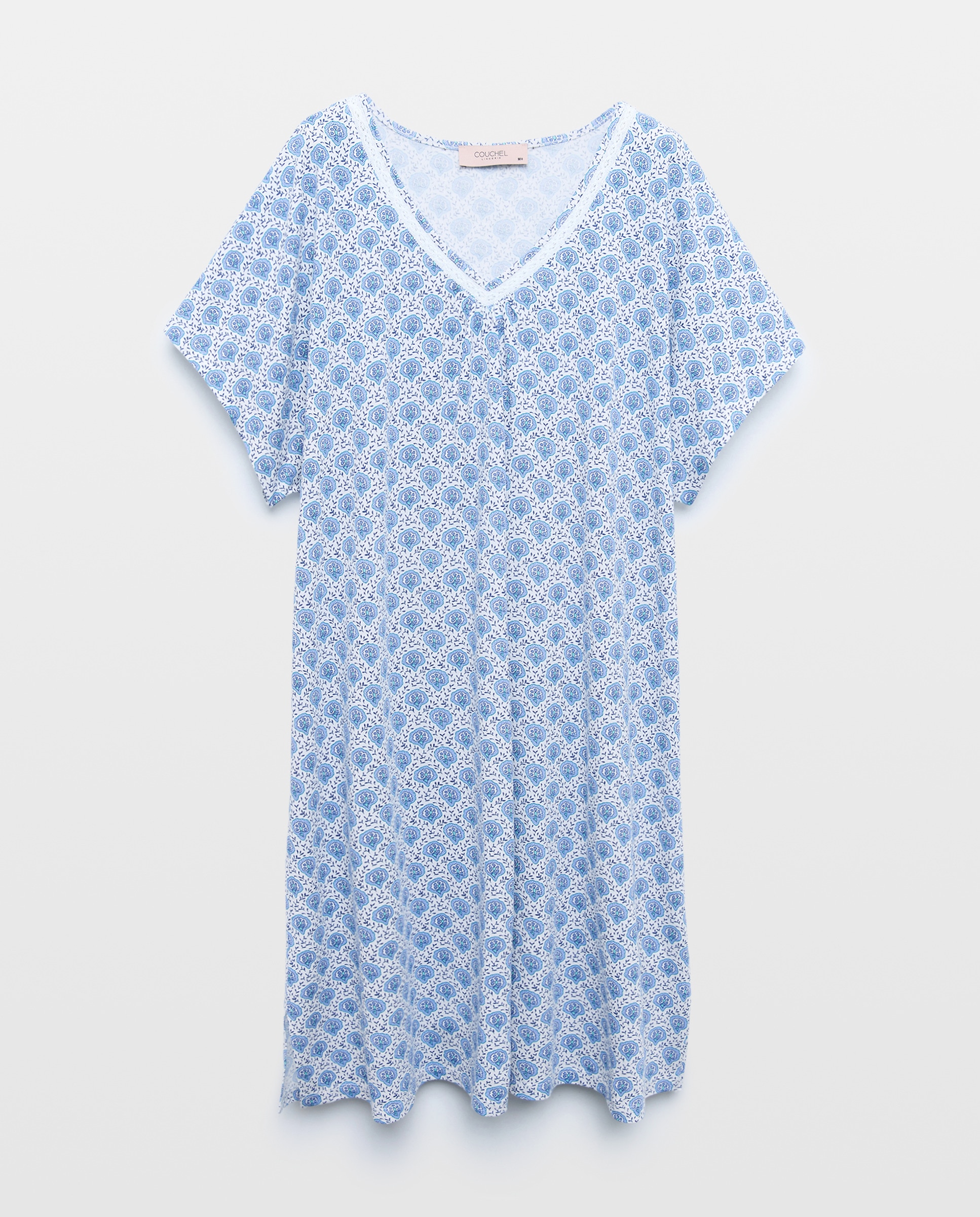 Camisa de Dormir Curta com Renda Estampada Azul-4