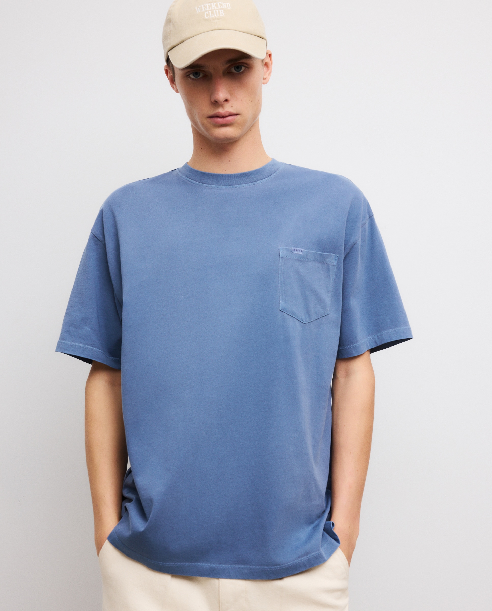 T-shirt de Manga Curta Overdye com Bolso Azul-índigo-4