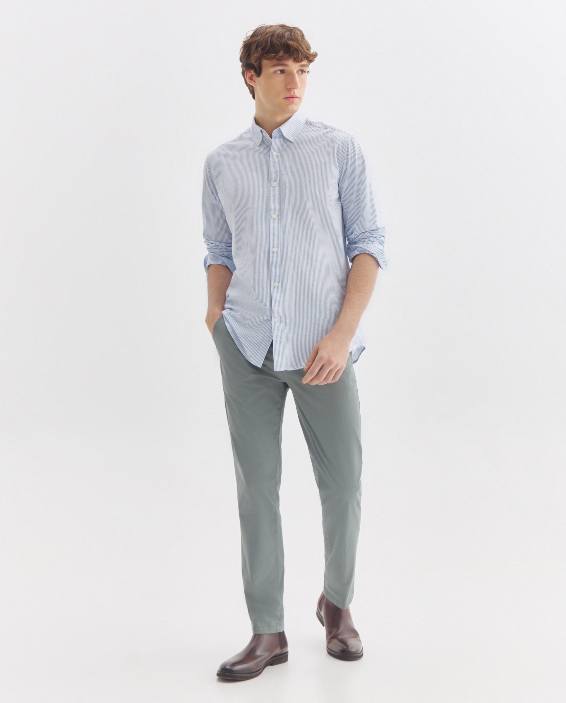 Camisa sport hombre chambray con rayas 400 Azul-2