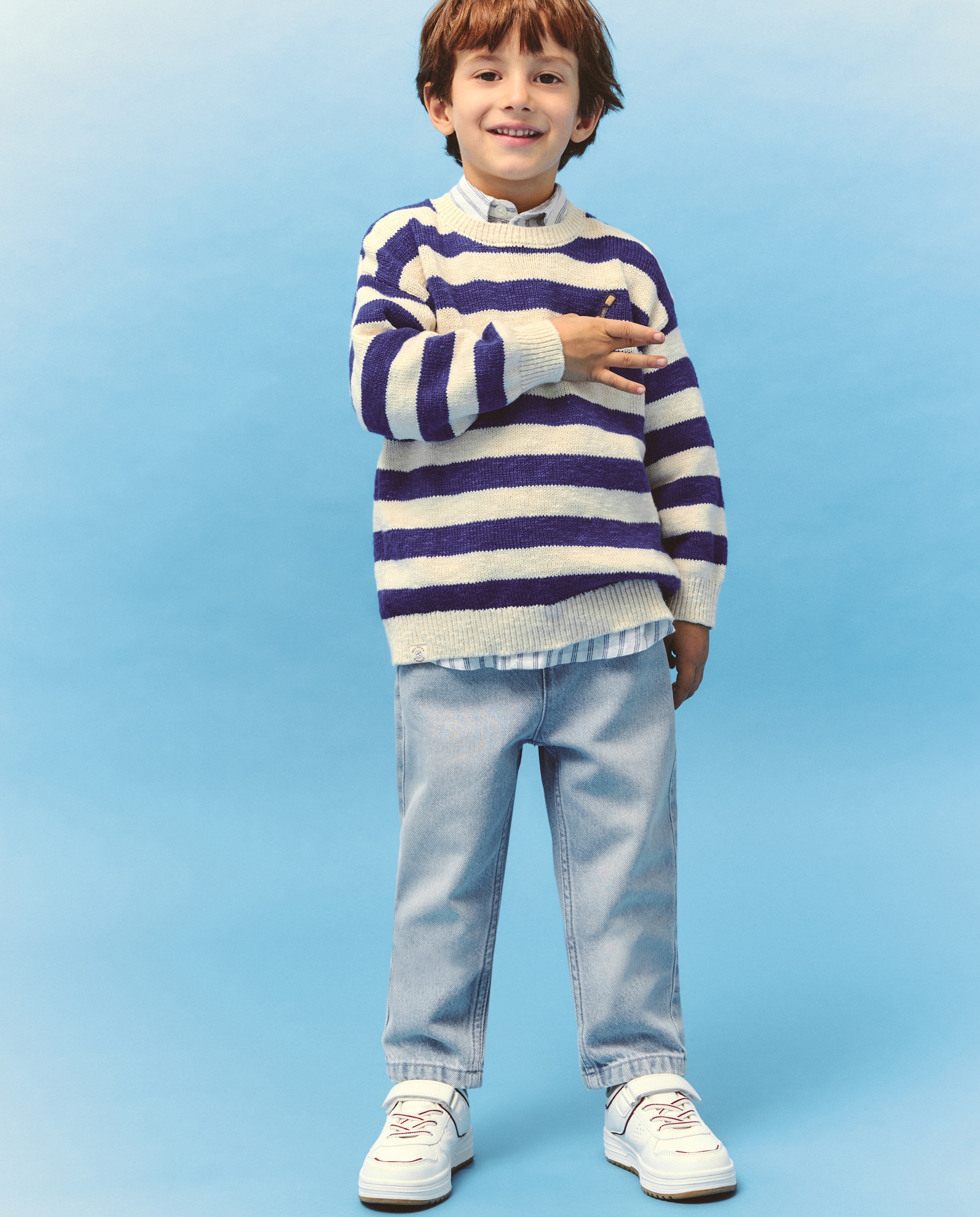 Camisola de Malha às Riscas com Colarinho de Polo Azul-3