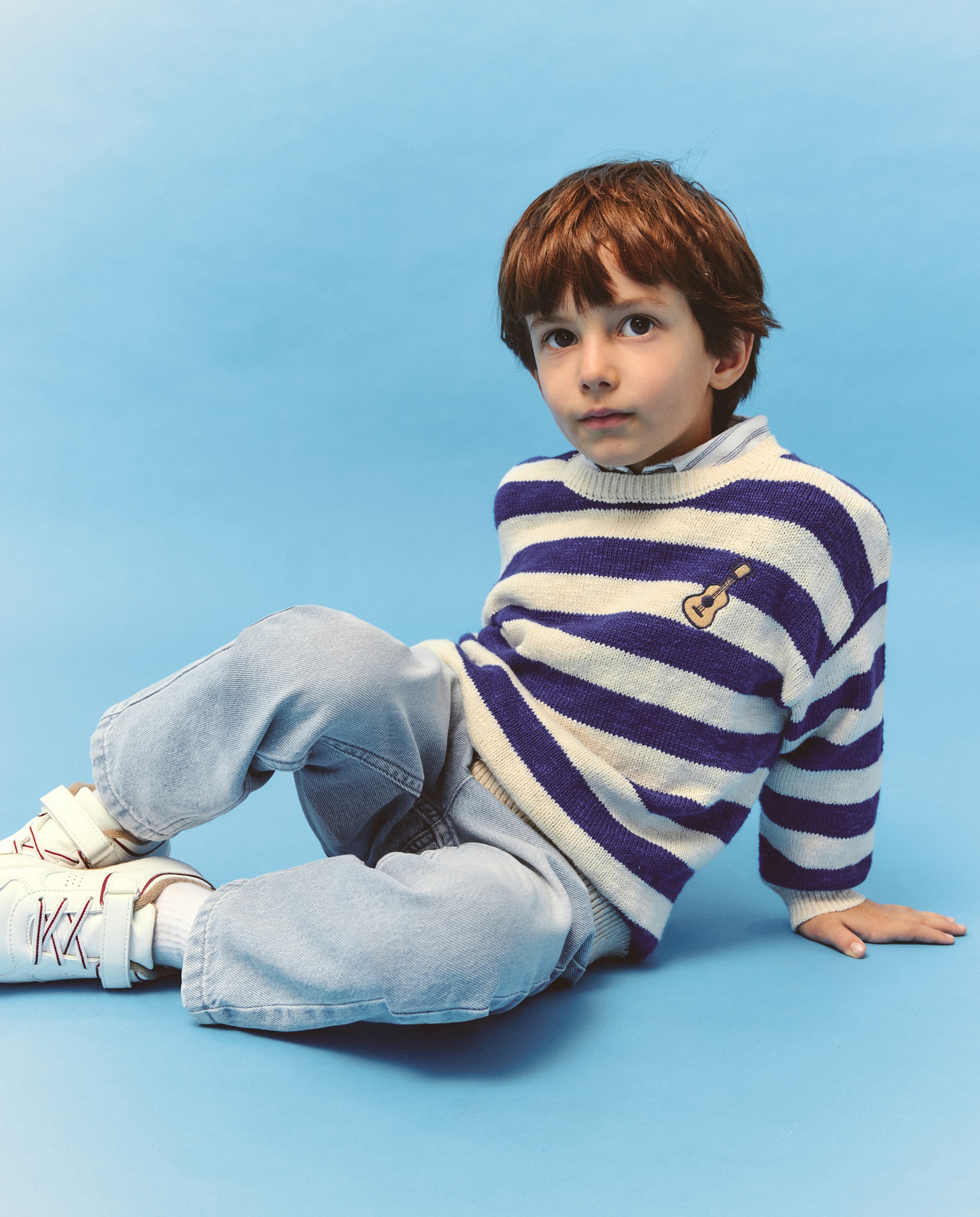 Camisola de Malha às Riscas com Colarinho de Polo Azul-2