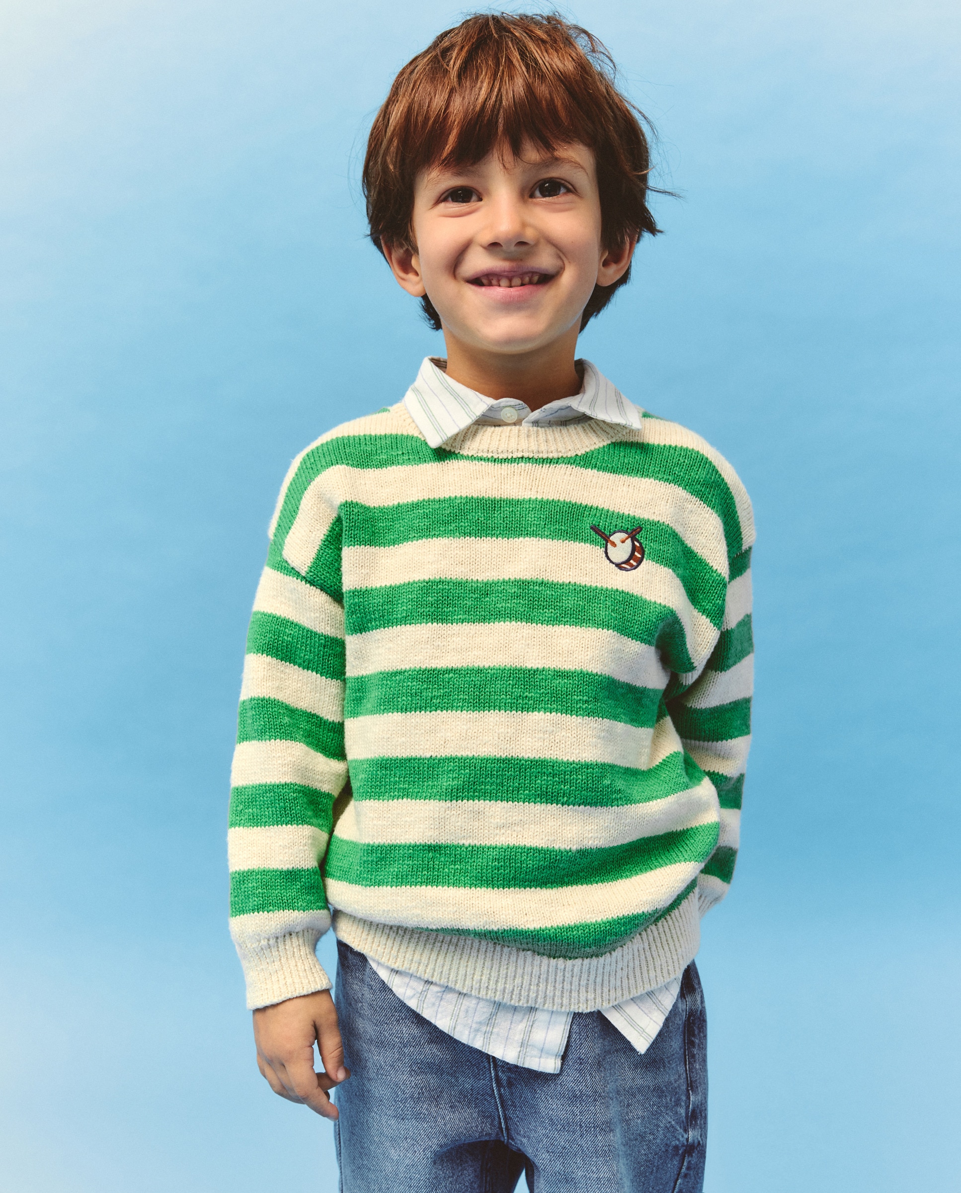 Camisola de Malha às Riscas com Colarinho de Polo Verde-1