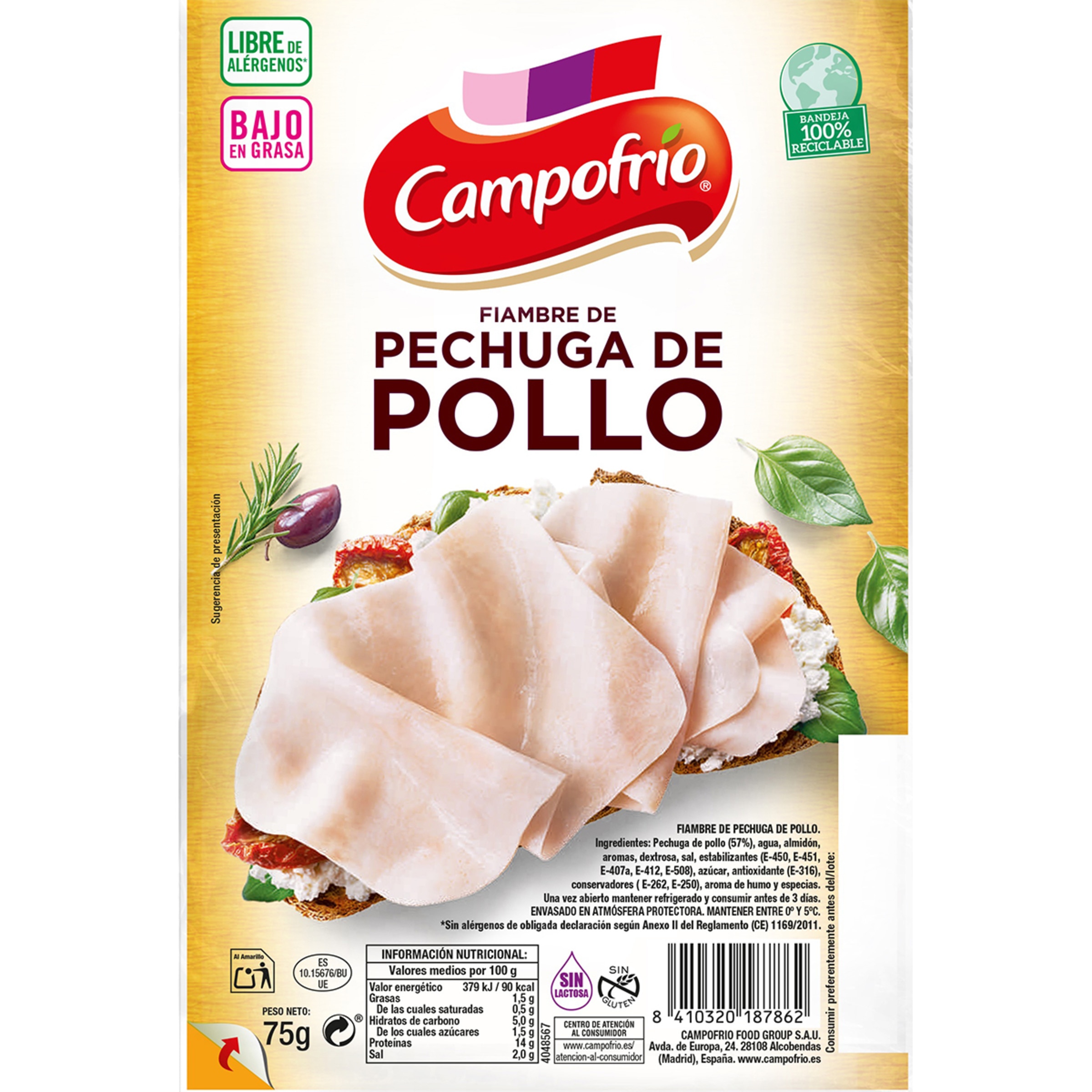 fiambre de pechuga de pollo bajo en grasa  en lonchas sin gluten sin lactosa envase 75 g