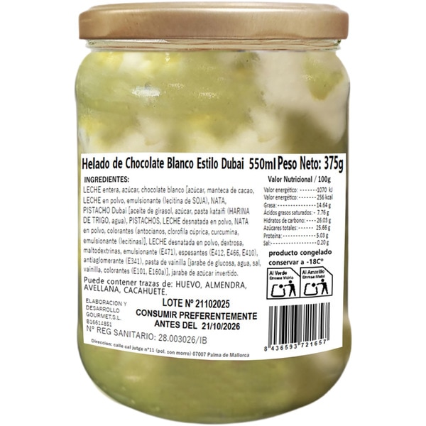 Dubai-style white chocolate ice cream made with pistachio and knafeh texture jar 550 ml