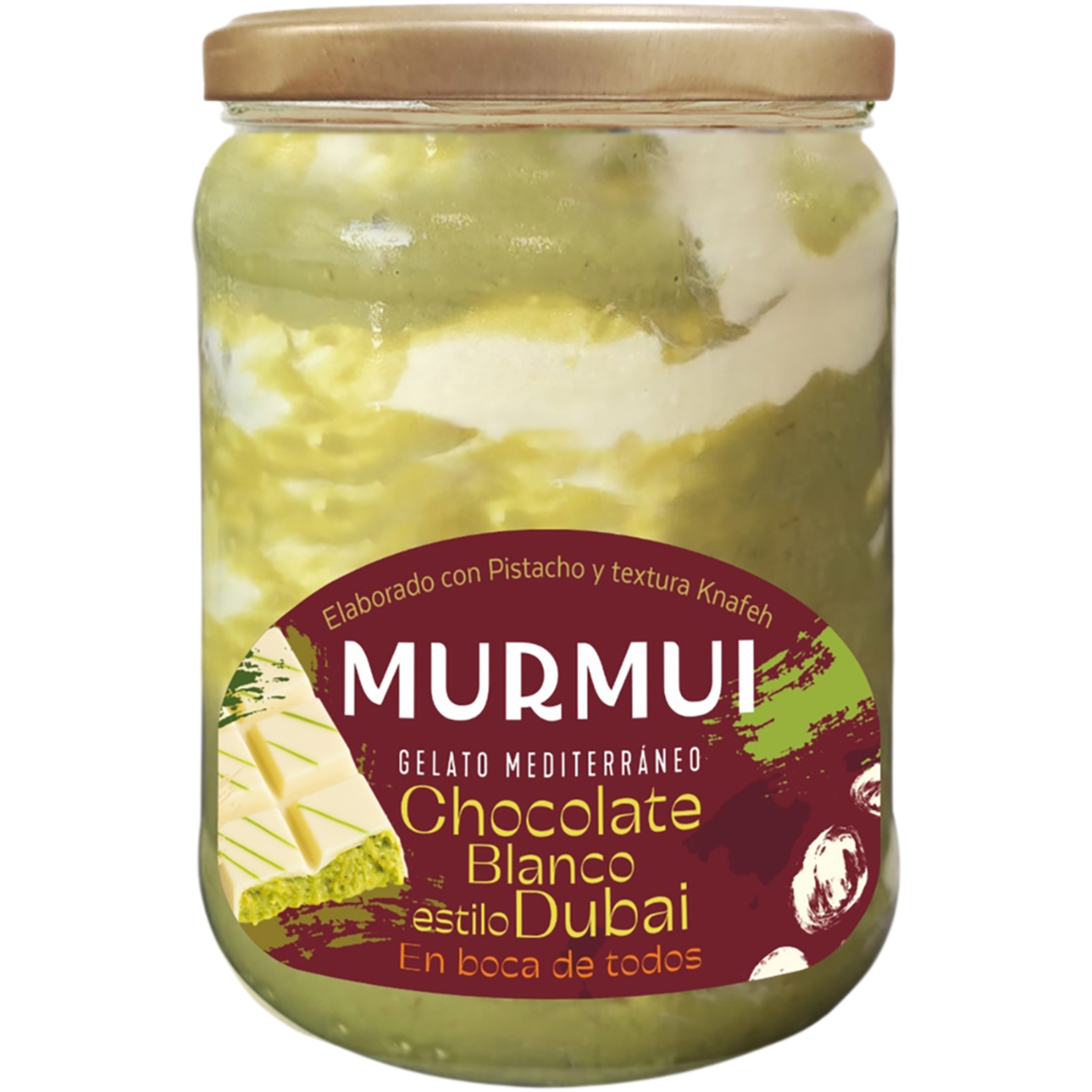 helado de chocolate blanco estilo Dubai elaborado con pistacho y textura knafeh tarro 550 ml