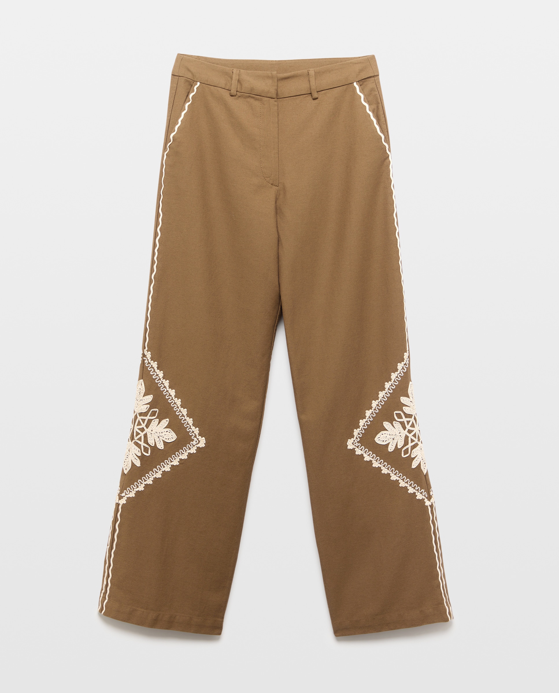 Calças Largas com Bordado Castanho-5