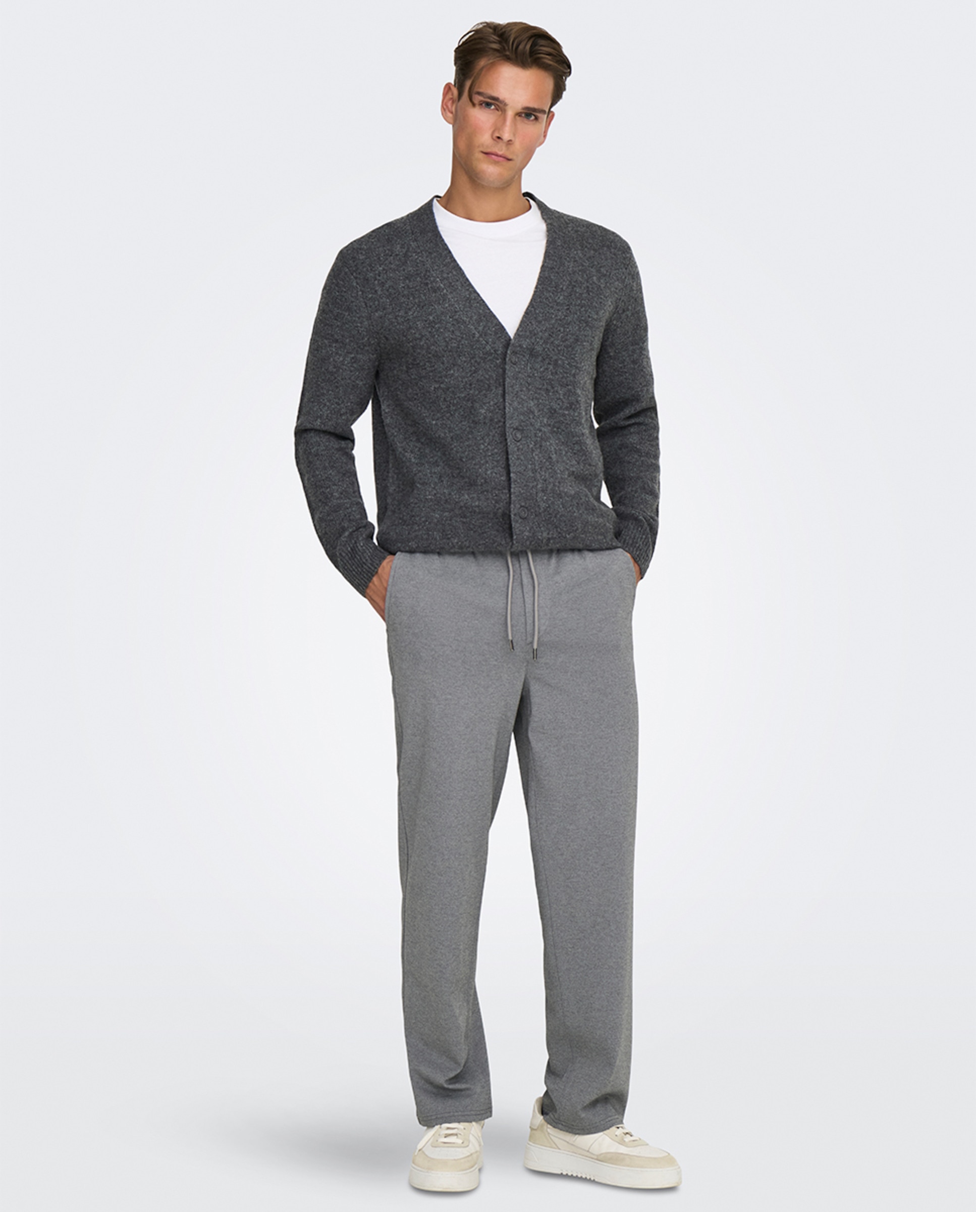 Calças com Cintura Elástica. Loose Fit Cinzento-1