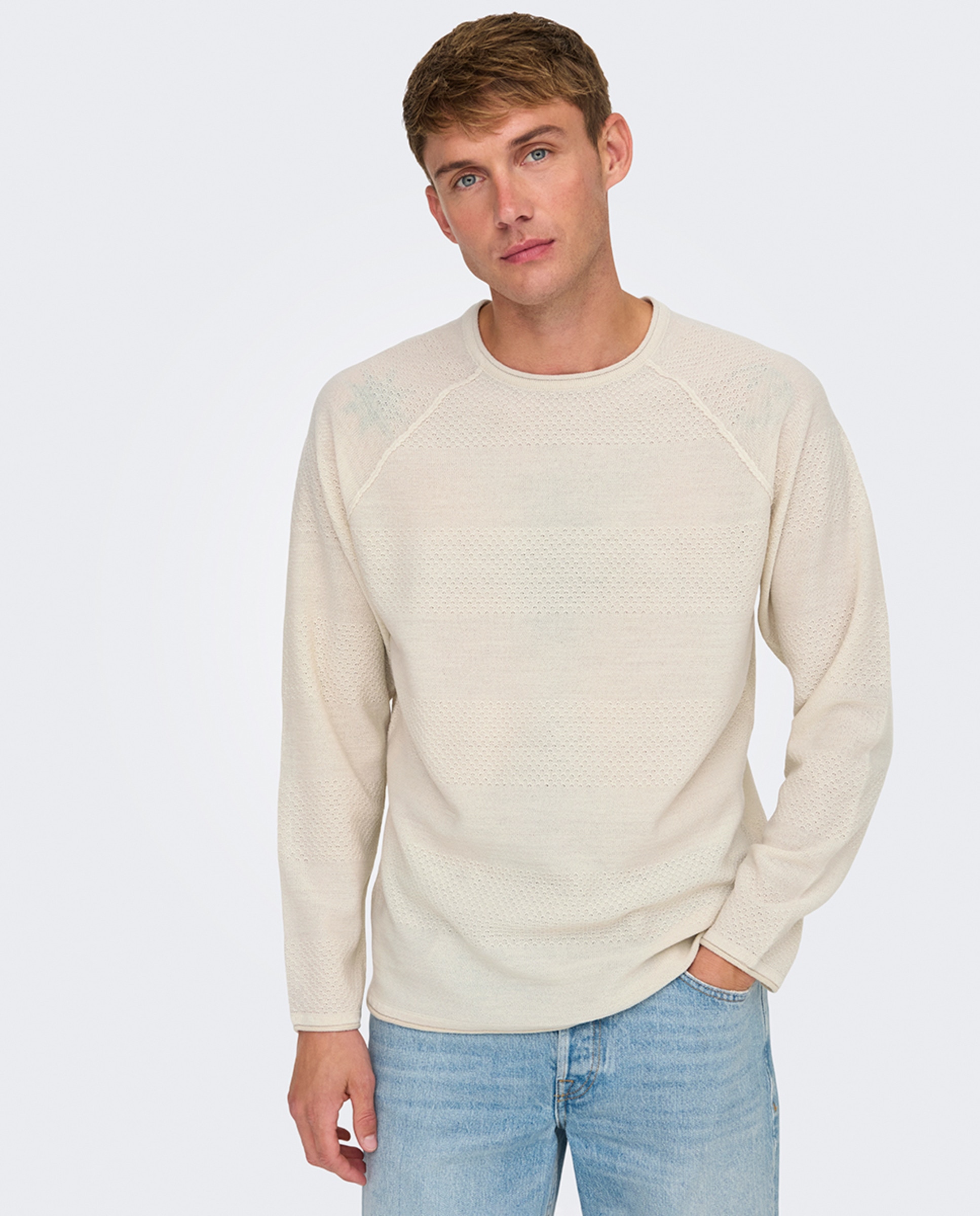 Camisola de Malha Regular Fit com Gola Redonda. Bege-1