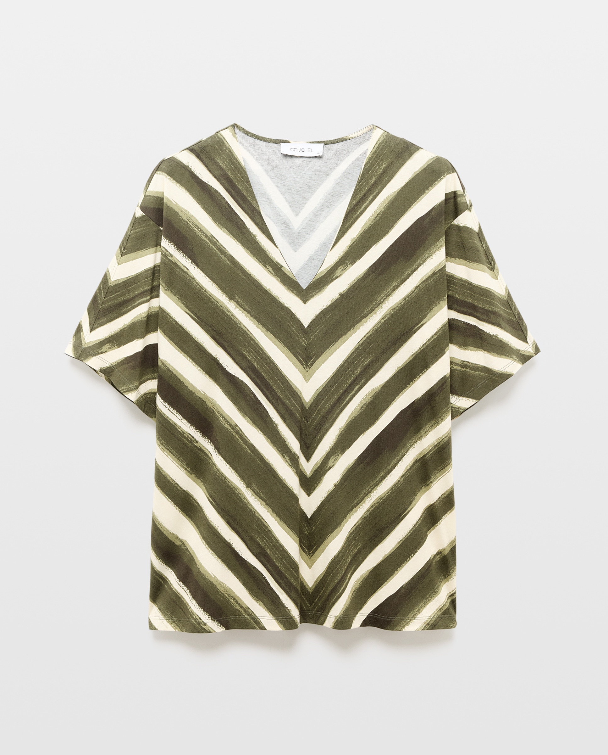 T-shirt com Decote em Bico e Risca Diagonal Verde-4