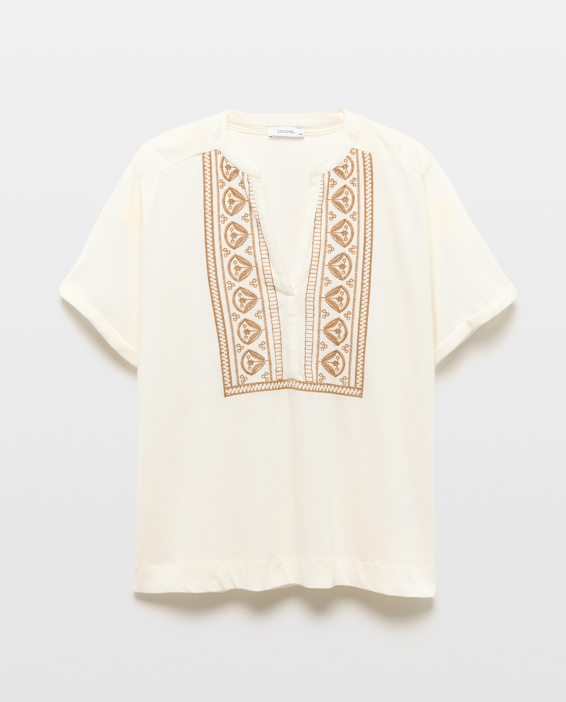 T-shirt com Bordado no Peitilho Bege-4