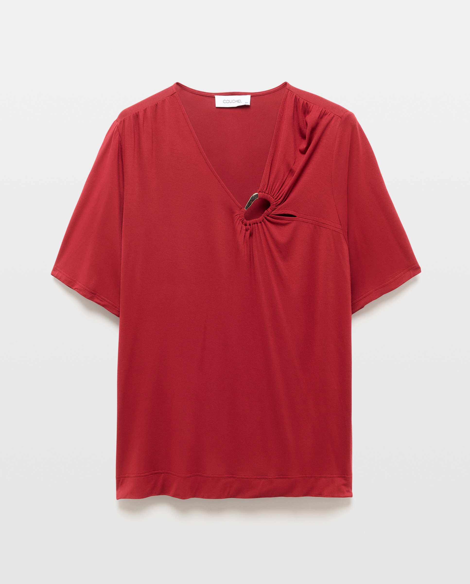 T-shirt com Decote em Bico com Detalhe Vermelhão-5