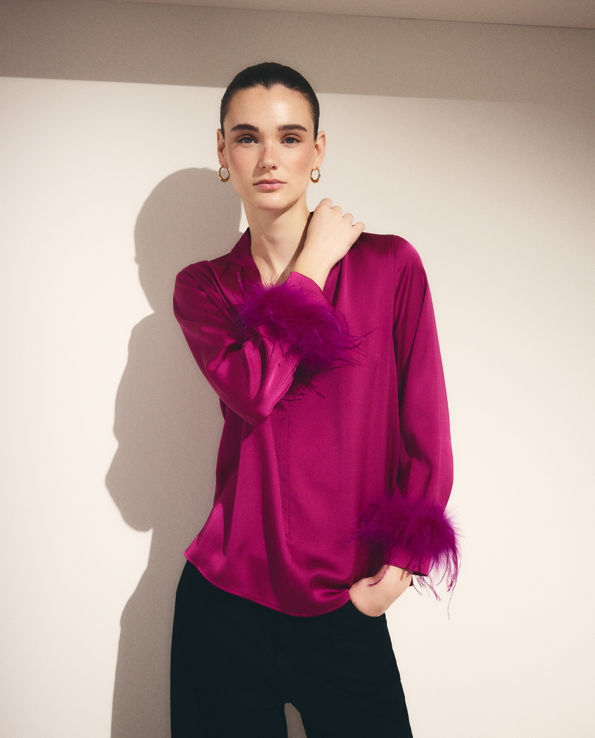 Blusa de Cetim com Manga Comprida Ameixa-1