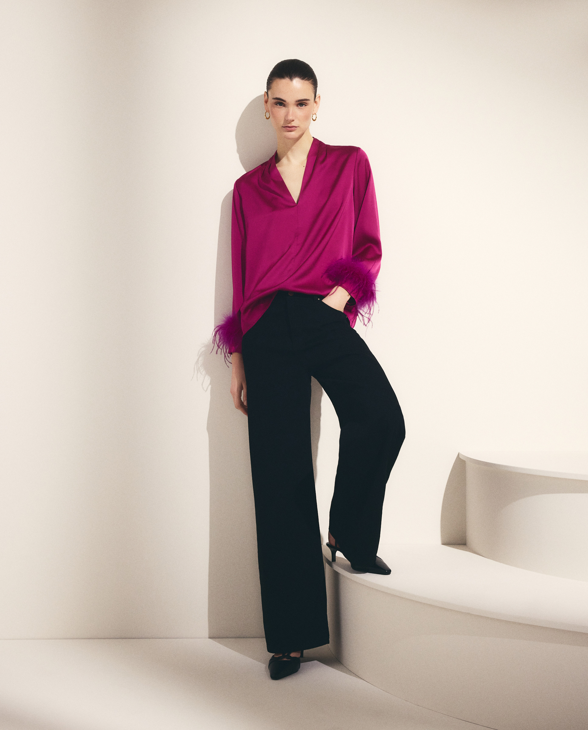 Blusa de Cetim com Manga Comprida Ameixa-2