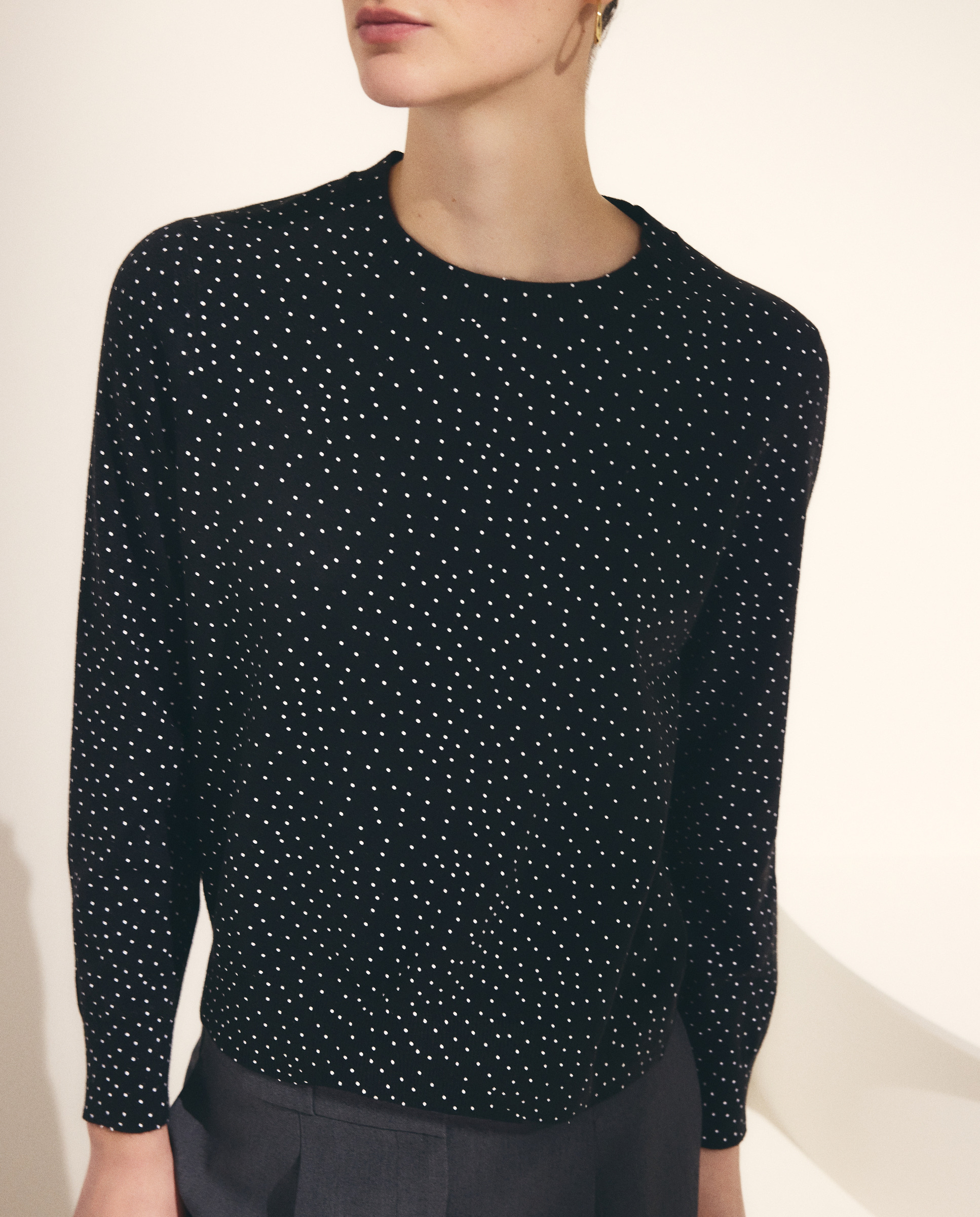 Camisola de Malha com Decote Redondo e Estampado às Bolinhas Preto-4